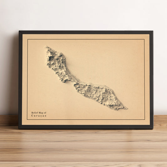 Curaçao vintage framed shaded relief map in black frame. Artistic print highlighting mountains with a realistic terrain effect