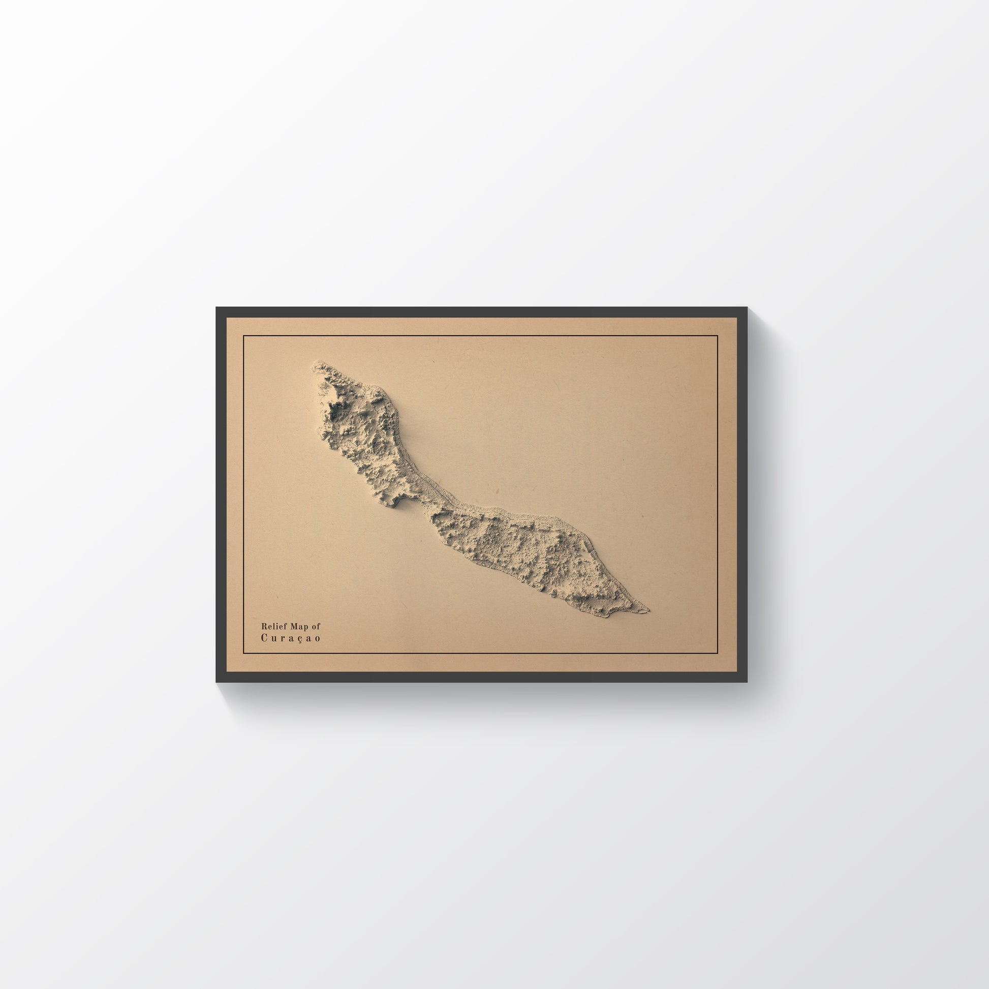 Curaçao vintage framed shaded relief map in white frame. Artistic print highlighting mountains with a realistic 3d effect