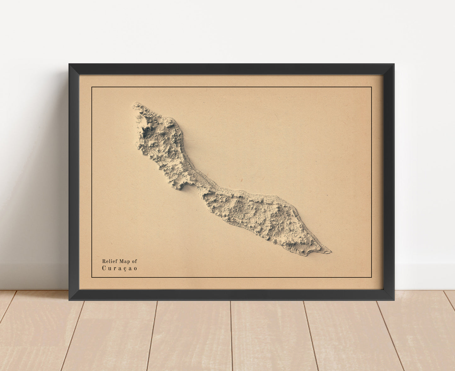 Vintage Curaçao shaded relief map in black frame. Artistic print with realistic terrain effect for wall decor.