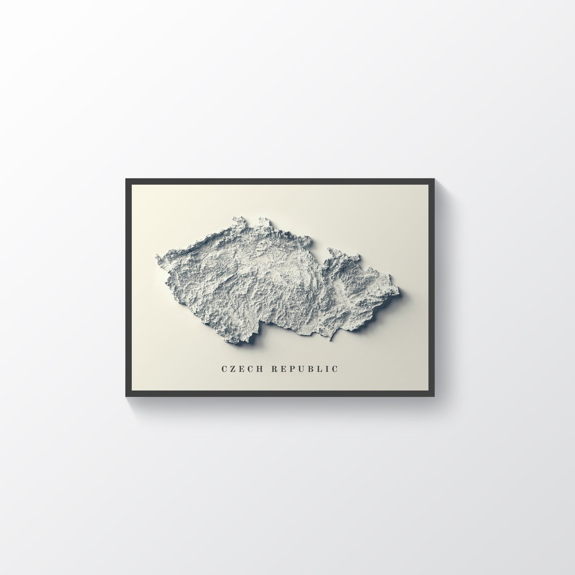 Czech Republic framed shaded relief map in black frame. Artistic print highlighting mountains with a realistic terrain effect