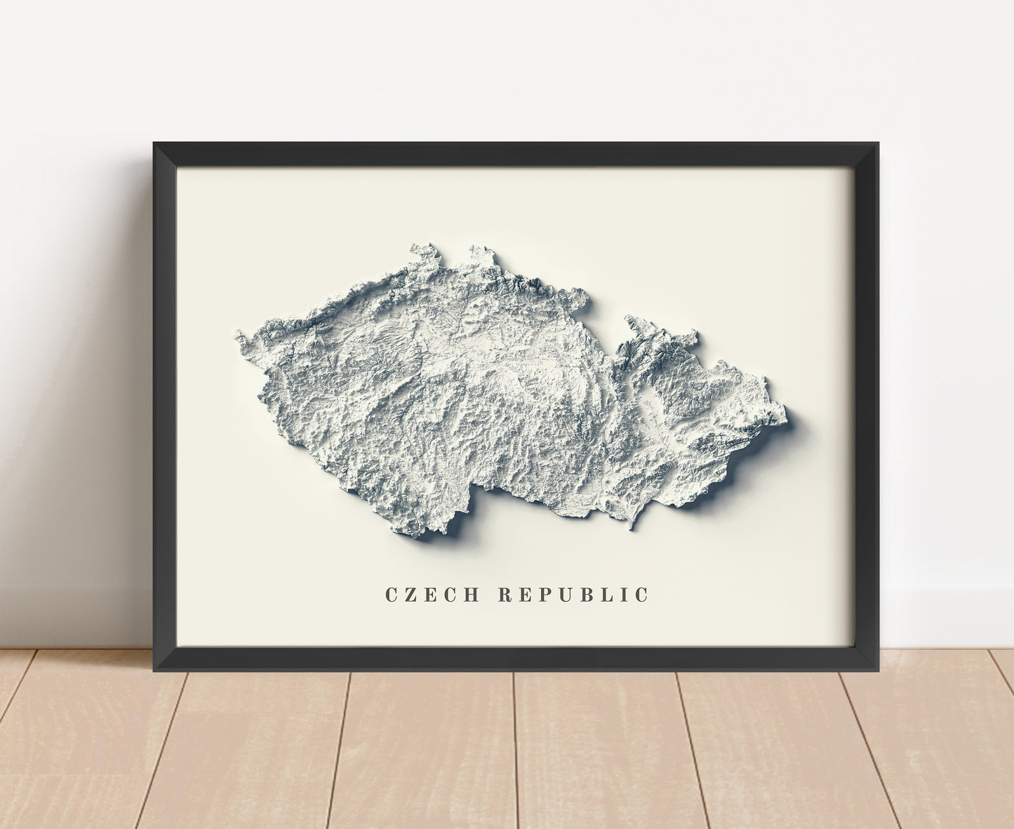 Czech shaded relief map in black frame. Artistic print with realistic terrain effect for wall decor