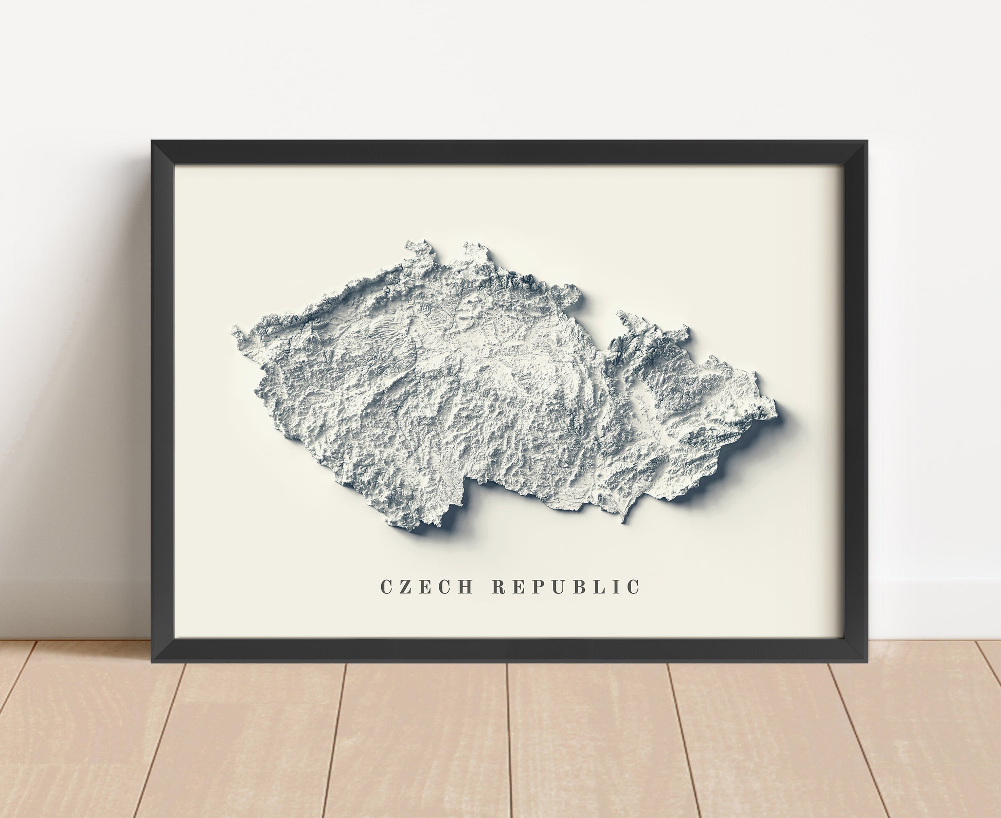 Czech shaded relief map in black frame. Artistic print with realistic terrain effect for wall decor