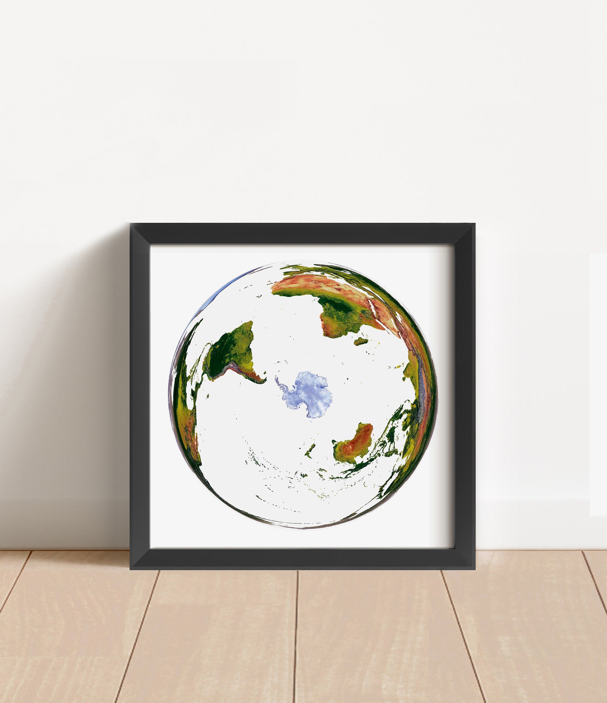 Shaded relief world map in WGS 1984 Grid South projection in black frame. Artistic print with realistic terrain effect for wall decor