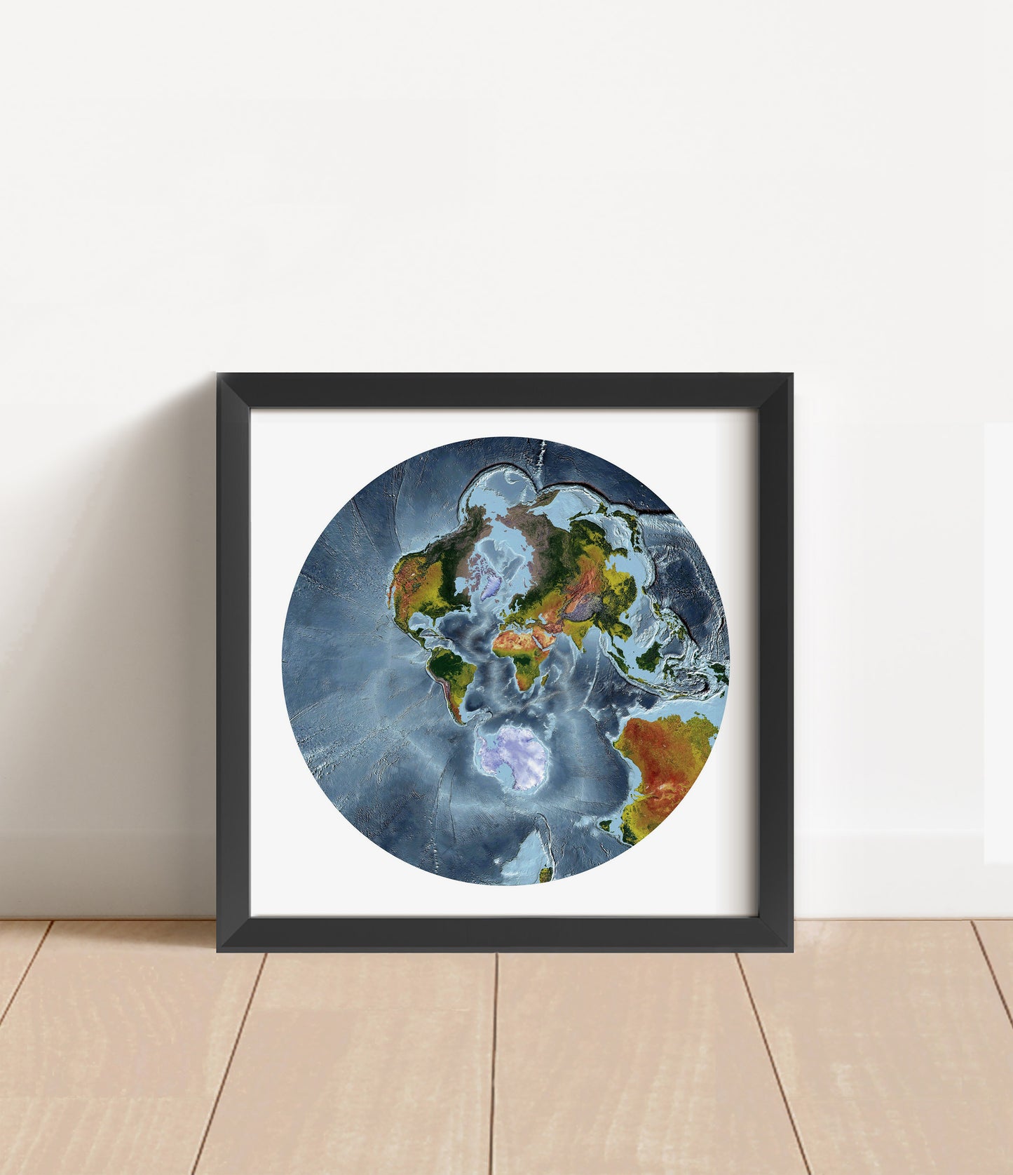 Shaded relief world map in Stereographic in black frame. Artistic print with realistic terrain effect for wall decor