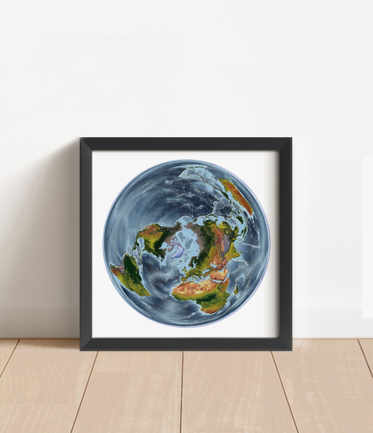 Shaded relief world map in WGS 1984 Grid North projection in black frame. Artistic print with realistic terrain effect for wall decor