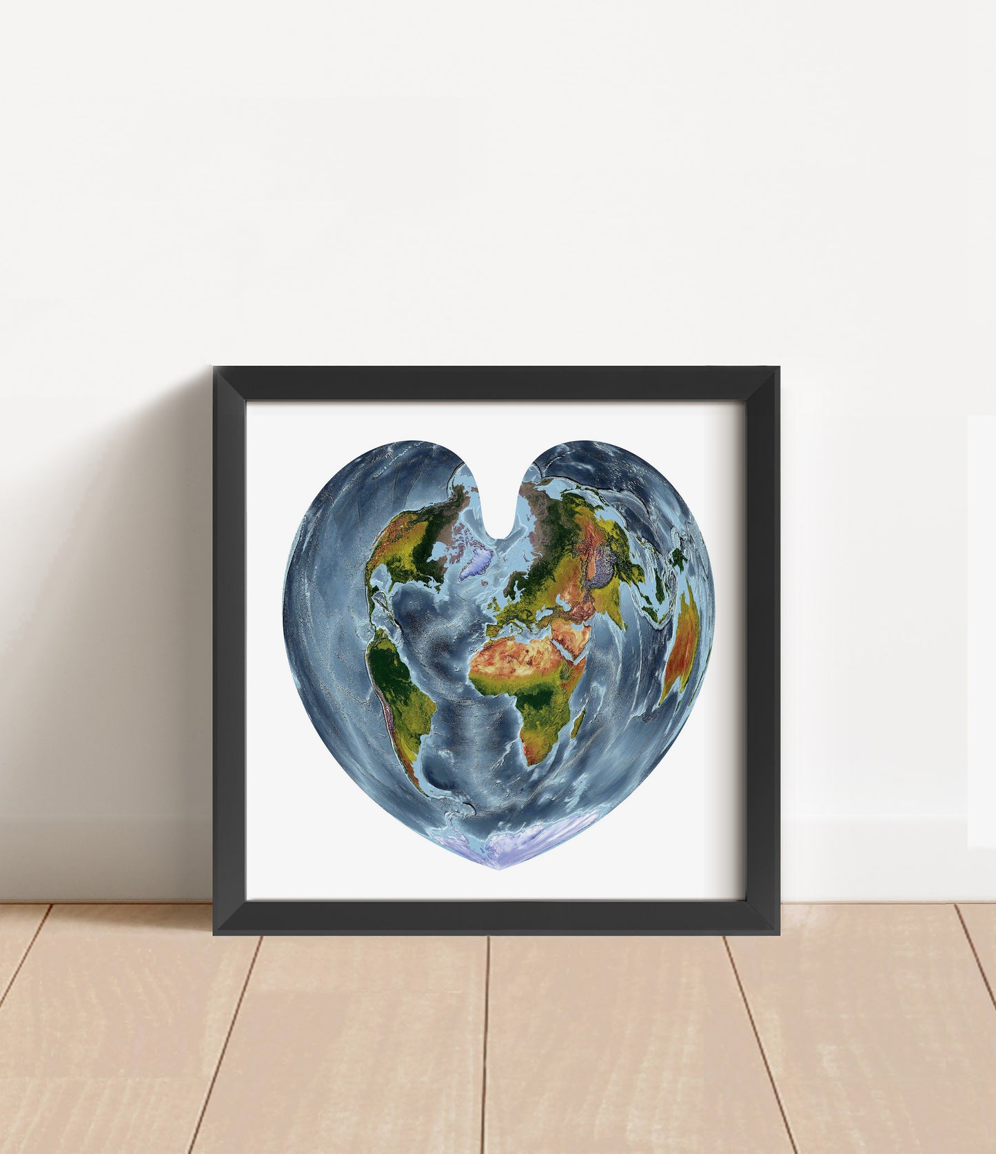 Shaded relief world map in Boone projection in black frame. Artistic print with realistic terrain effect for wall decor