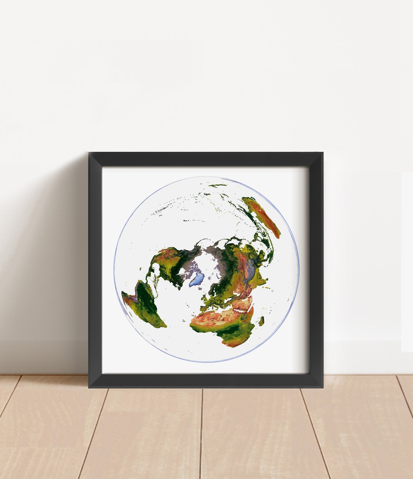 Shaded relief world map in WGS 1984 Grid North projection in black frame. Artistic print with realistic terrain effect for wall decor