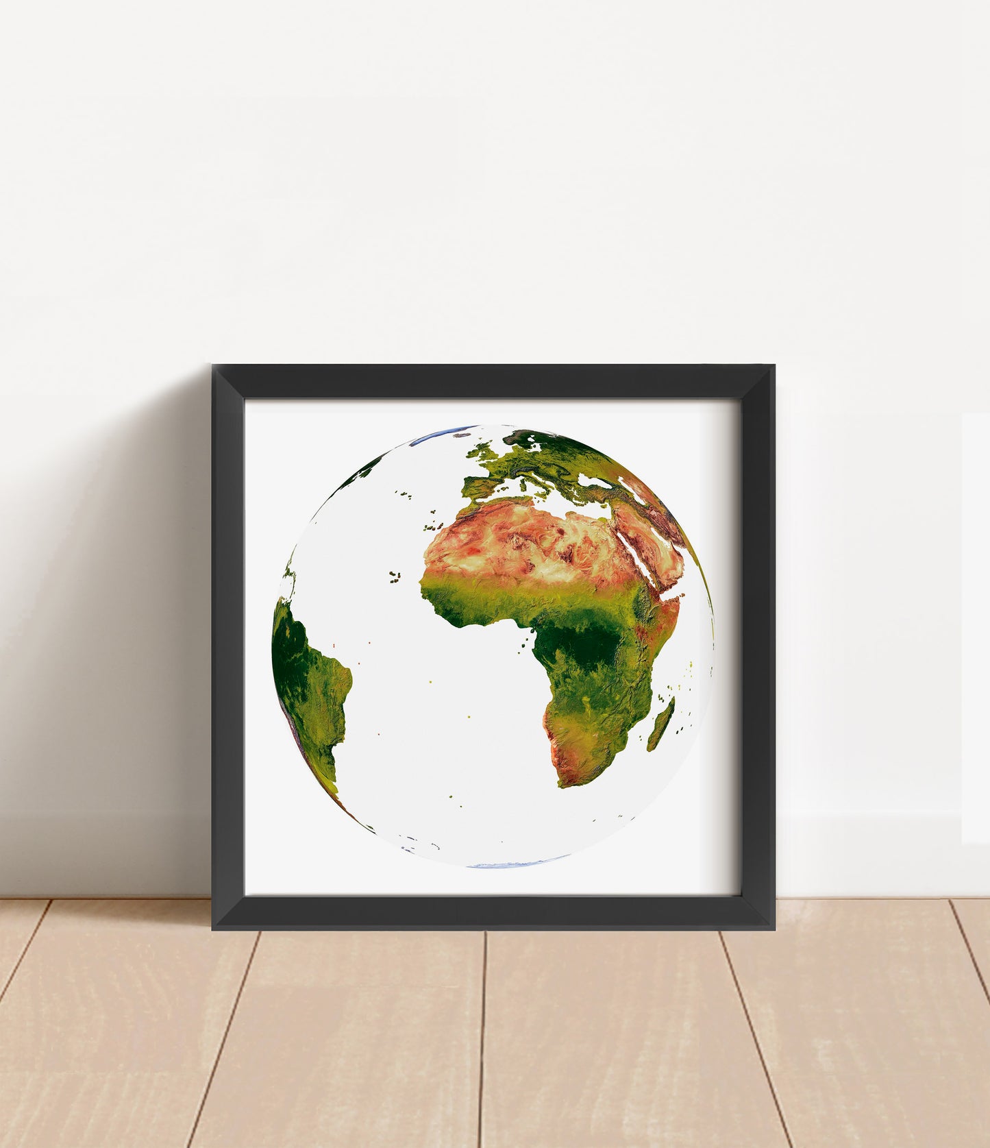 Shaded relief world map in Vertical Perspective projection in black frame. Artistic print with realistic terrain effect for wall decor