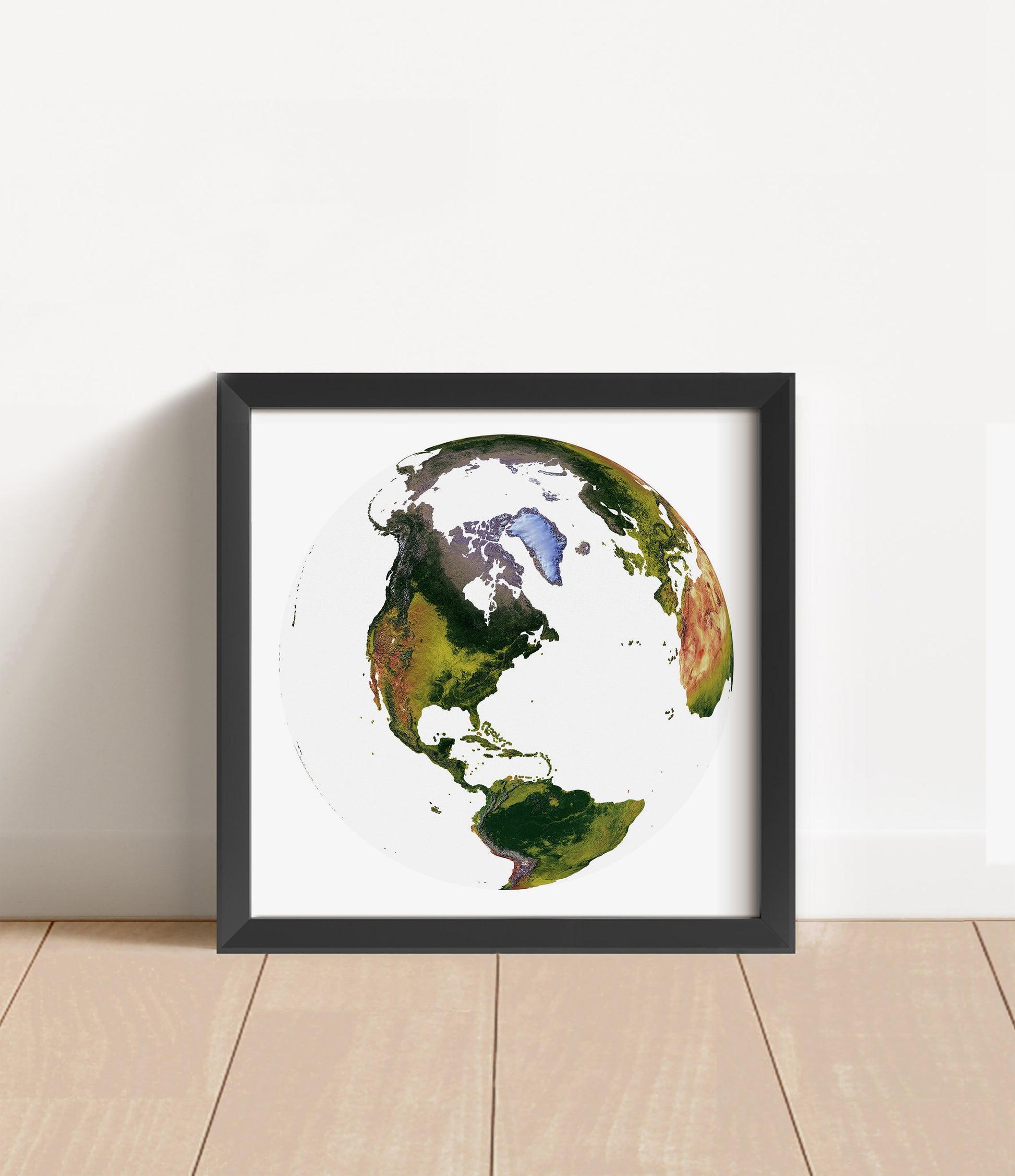 Shaded relief world map in The World From Space projection in black frame. Artistic print with realistic terrain effect for wall decor