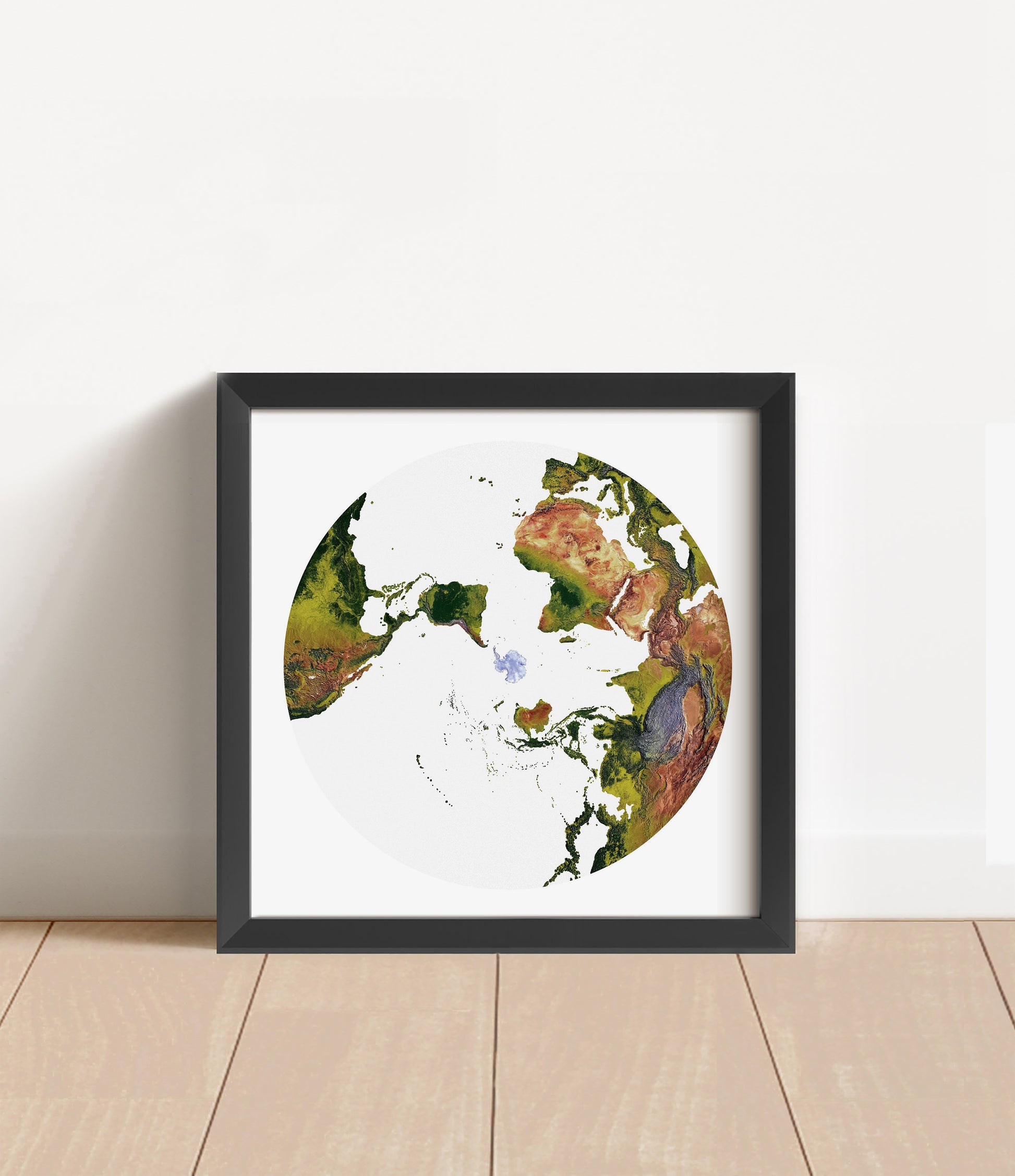 Shaded relief world map in Australian Antarctic Polar projection in black frame. Artistic print with realistic terrain effect for wall decor