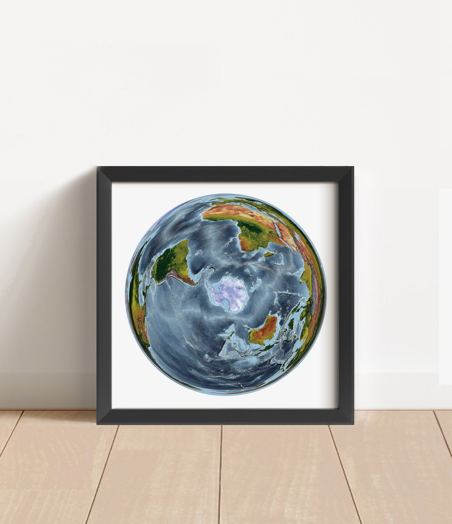 Shaded relief world map in WGS 1984 Grid South projection in black frame. Artistic print with realistic terrain effect for wall decor