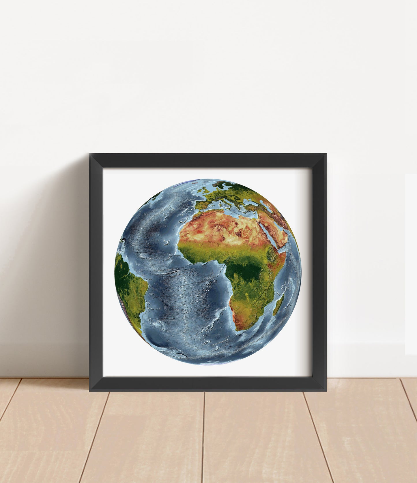 Shaded relief world map in Vertical Perspective projection in black frame. Artistic print with realistic terrain effect for wall decor