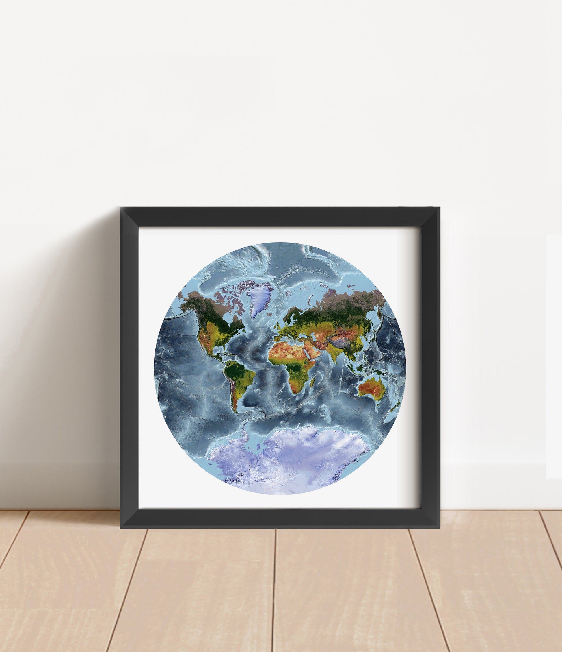 Shaded relief world map in Van der Grinten projection in black frame. Artistic print with realistic terrain effect for wall decor