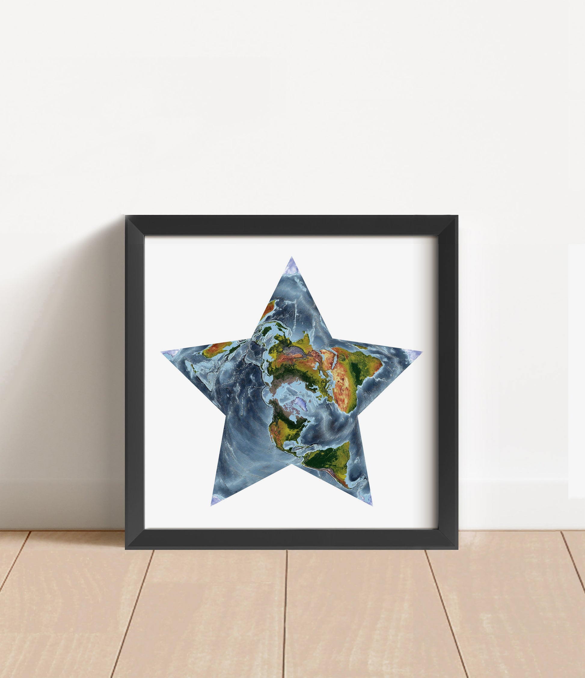 Shaded relief world map in Berghaus projection in black frame. Artistic print with realistic terrain effect for wall decor