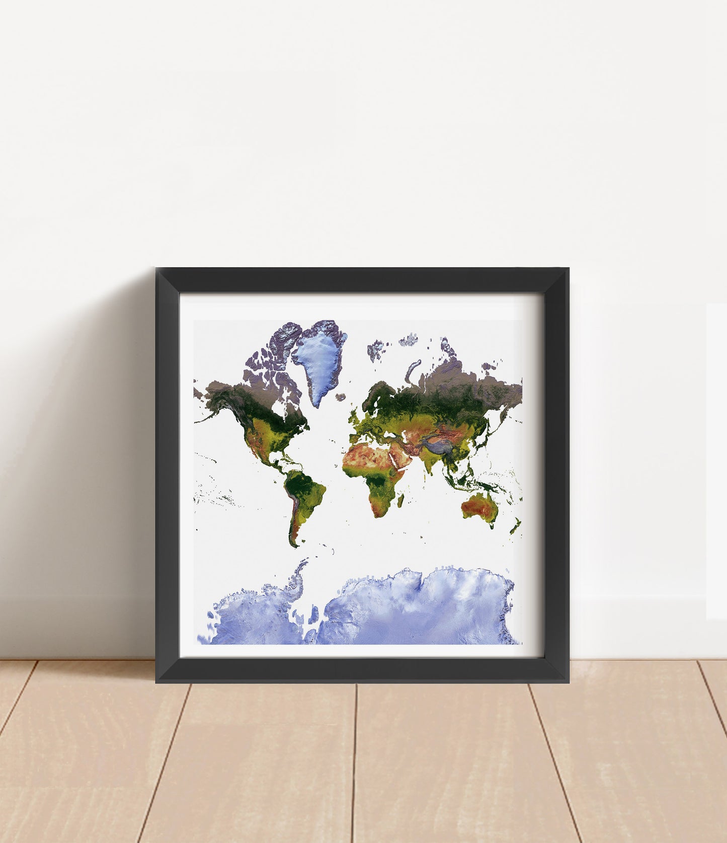 Shaded relief world map in Mercator projection in black frame. Artistic print with realistic terrain effect for wall decor