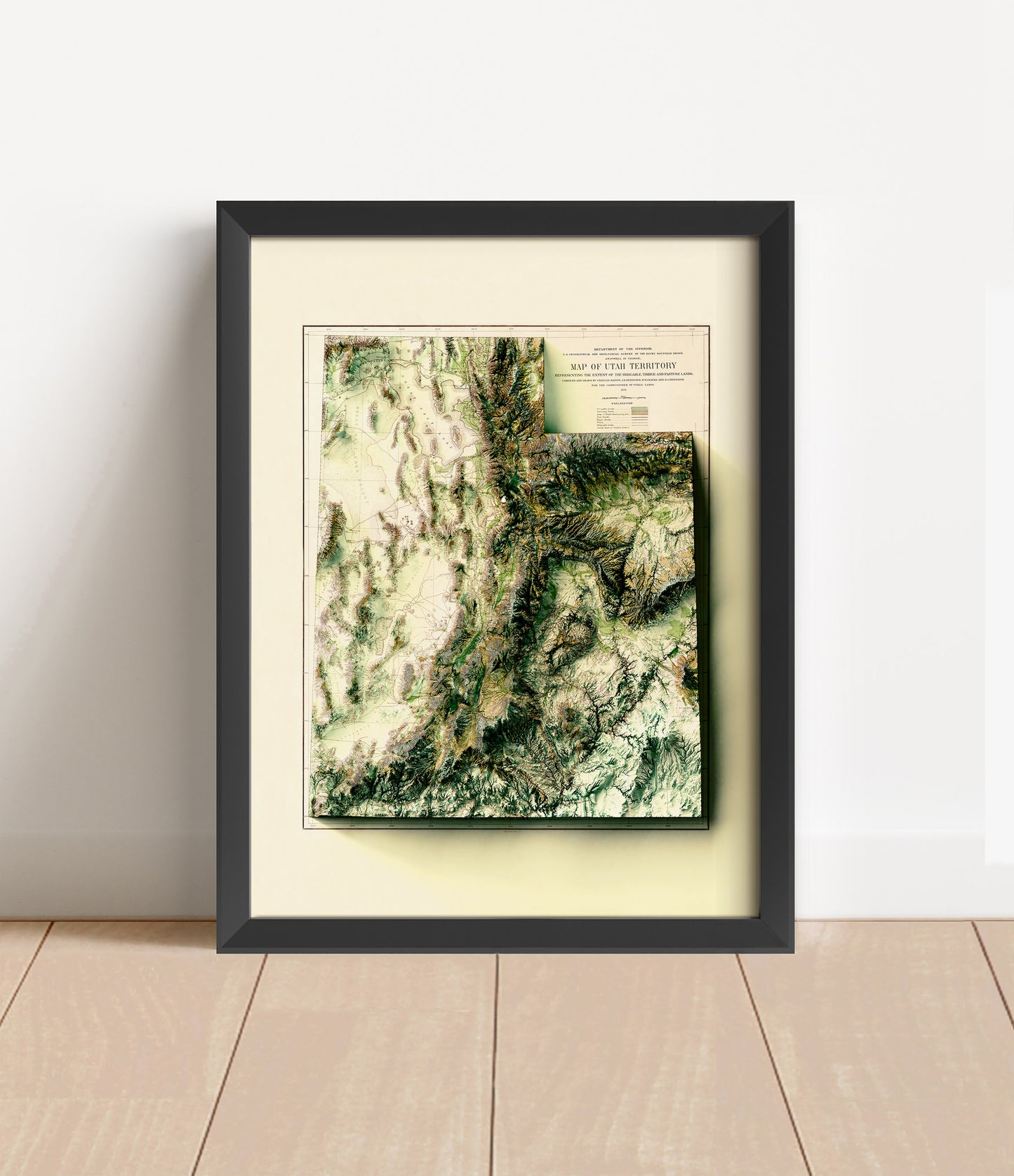 Vintage Utah shaded relief map in black frame. Artistic print with realistic terrain effect for wall decor