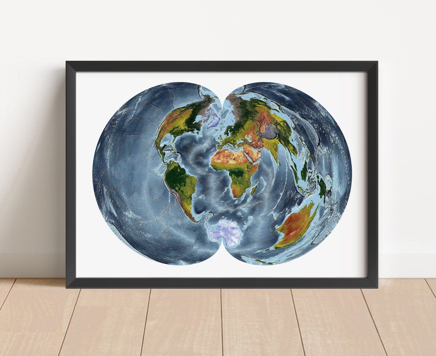 Shaded relief world map in Polyconic projection in black frame. Artistic print with realistic terrain effect for wall decor