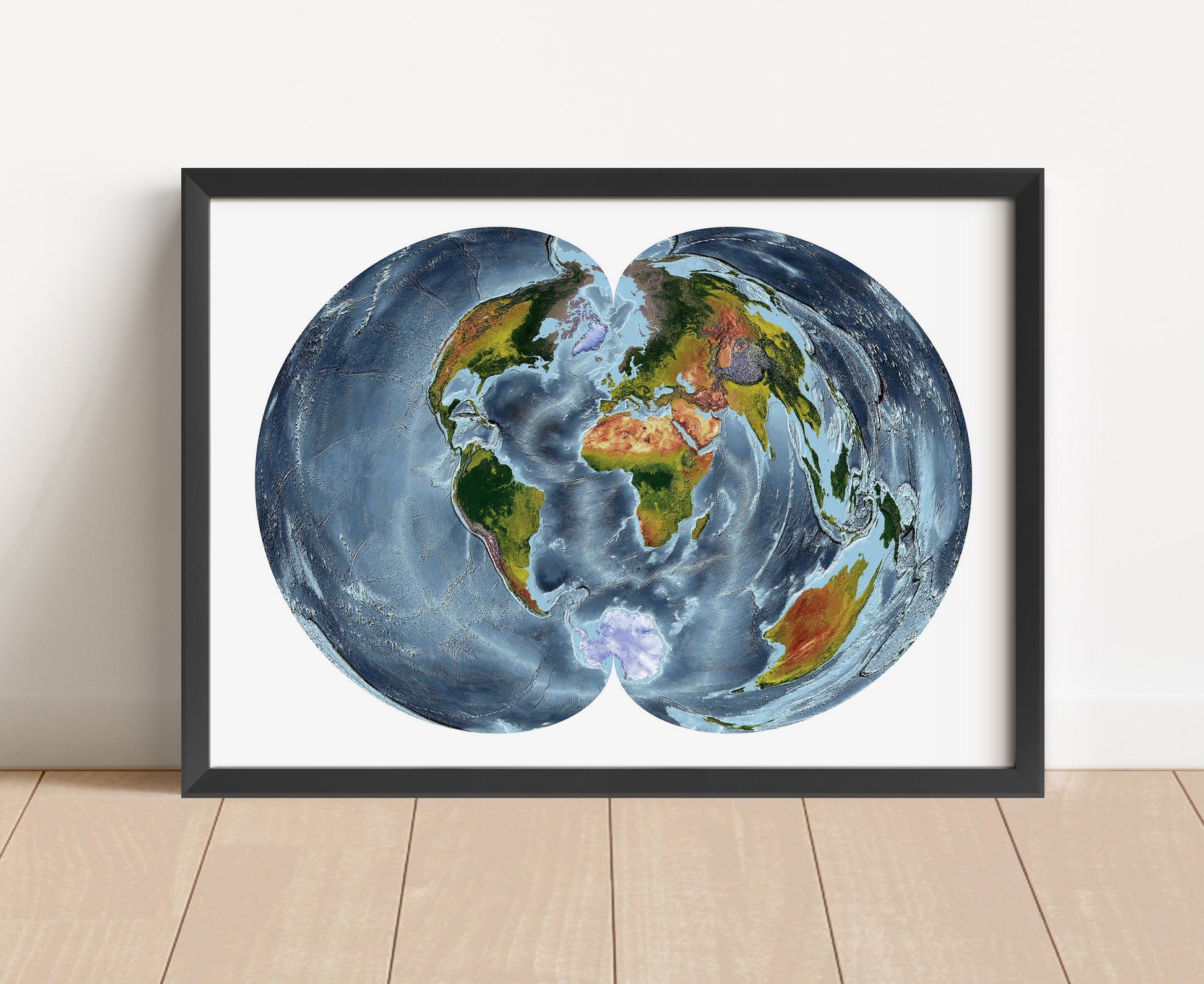 Shaded relief world map in Polyconic projection in black frame. Artistic print with realistic terrain effect for wall decor