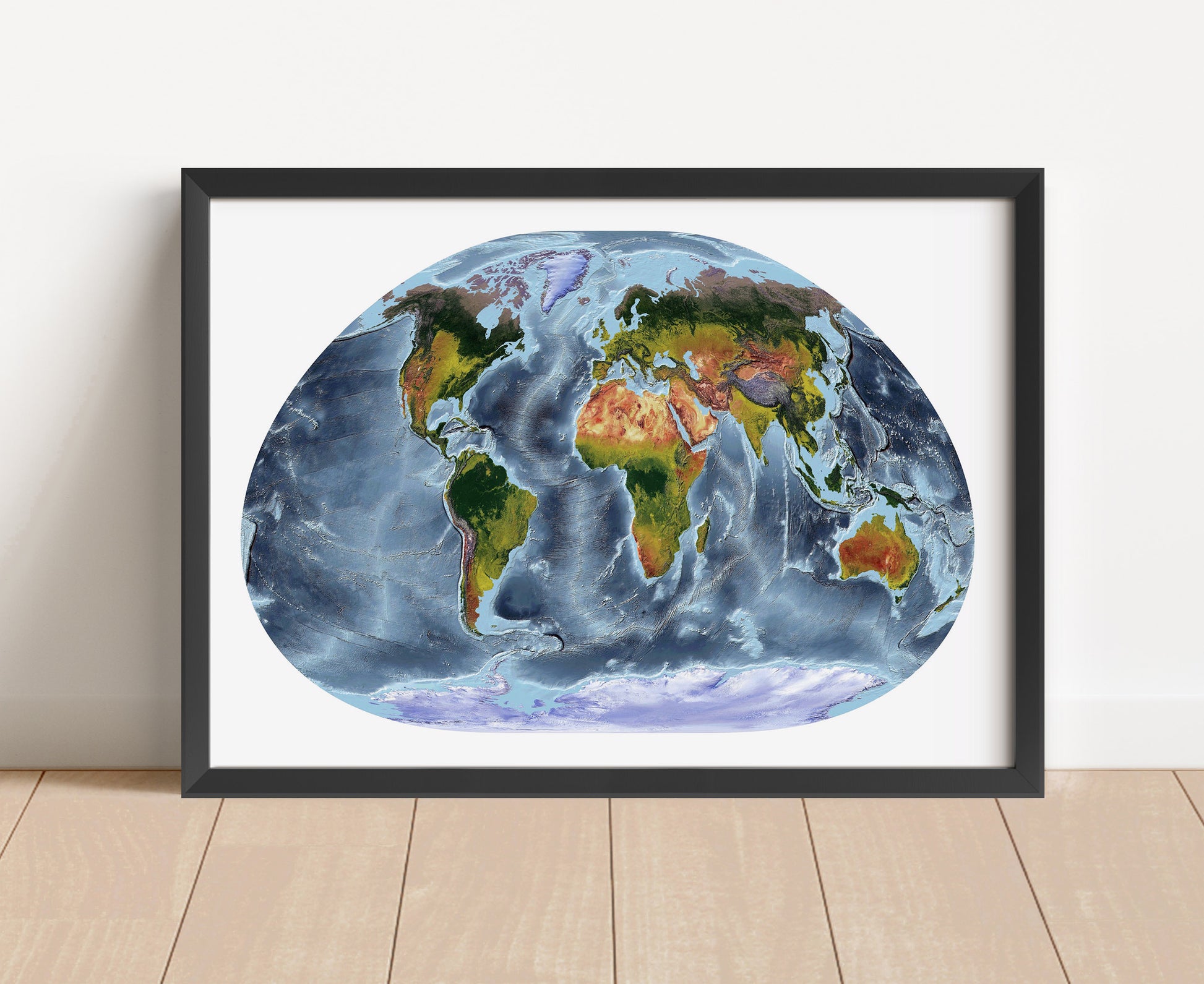 Shaded relief world map in Loximuthal projection in black frame. Artistic print with realistic terrain effect for wall decor