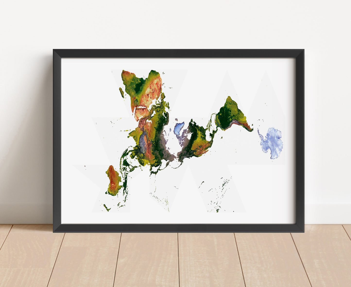 Shaded relief world map in Fuller projection in black frame. Artistic print with realistic terrain effect for wall decor