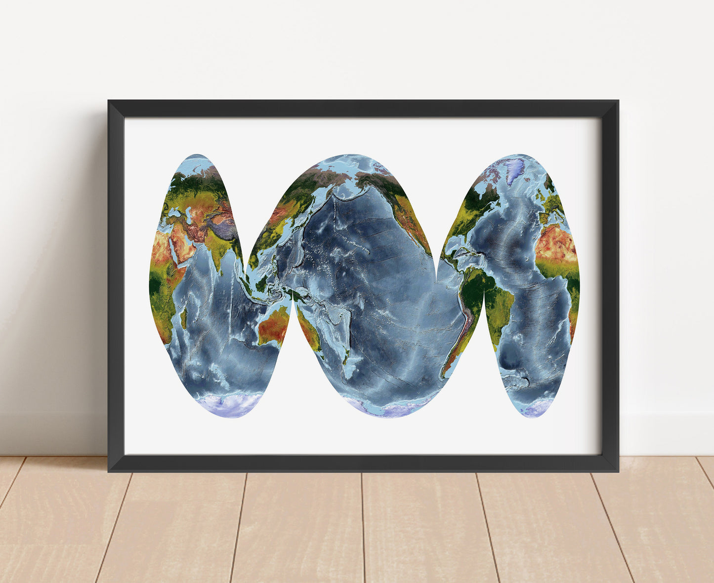 Shaded relief world map in Goode Homolosine Ocean projection in black frame. Artistic print with realistic terrain effect for wall decor