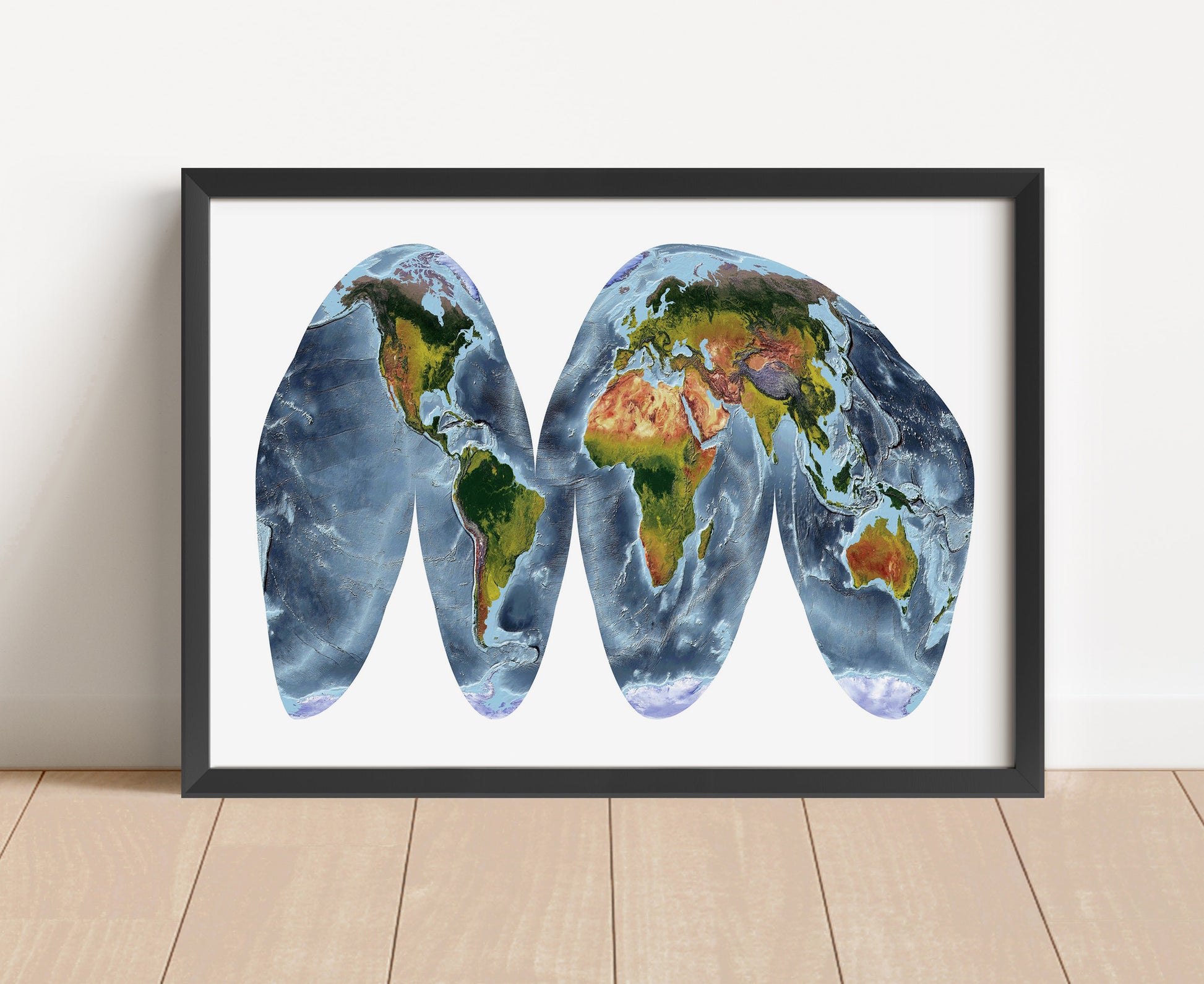 Shaded relief world map in Goode Homolosine Land projection in black frame. Artistic print with realistic terrain effect for wall decor