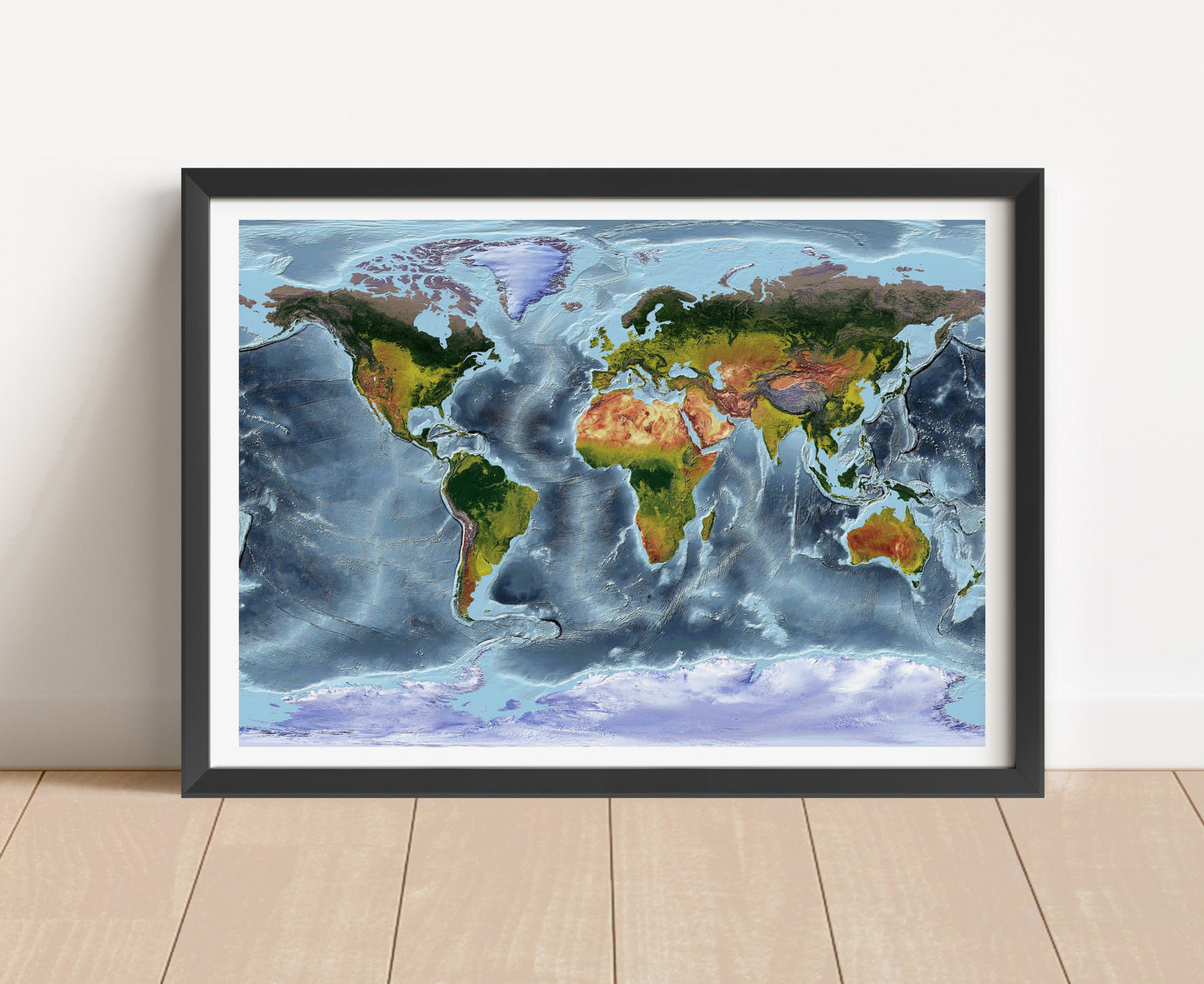 Shaded relief world map in Gall Stereographic projection in black frame. Artistic print with realistic terrain effect for wall decor