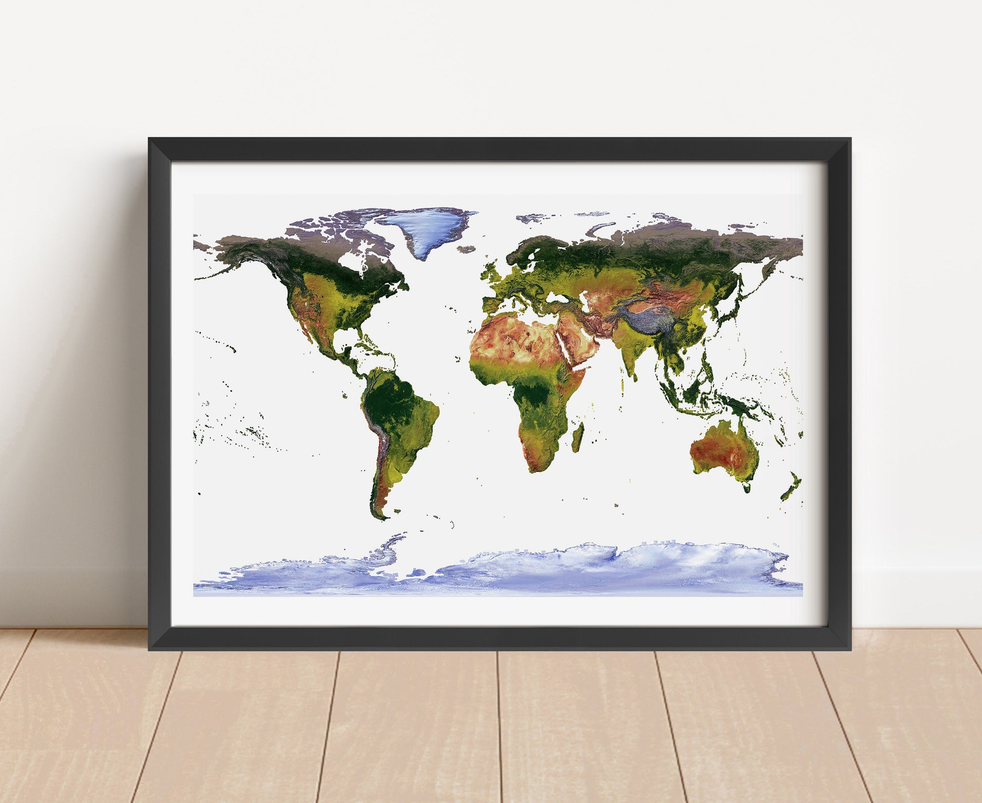 Shaded relief world map in WGS 84 projection in black frame. Artistic print with realistic terrain effect for wall decor