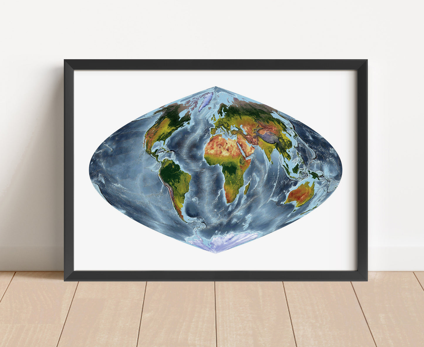 Shaded relief world map in Craster projection in black frame. Artistic print with realistic terrain effect for wall decor