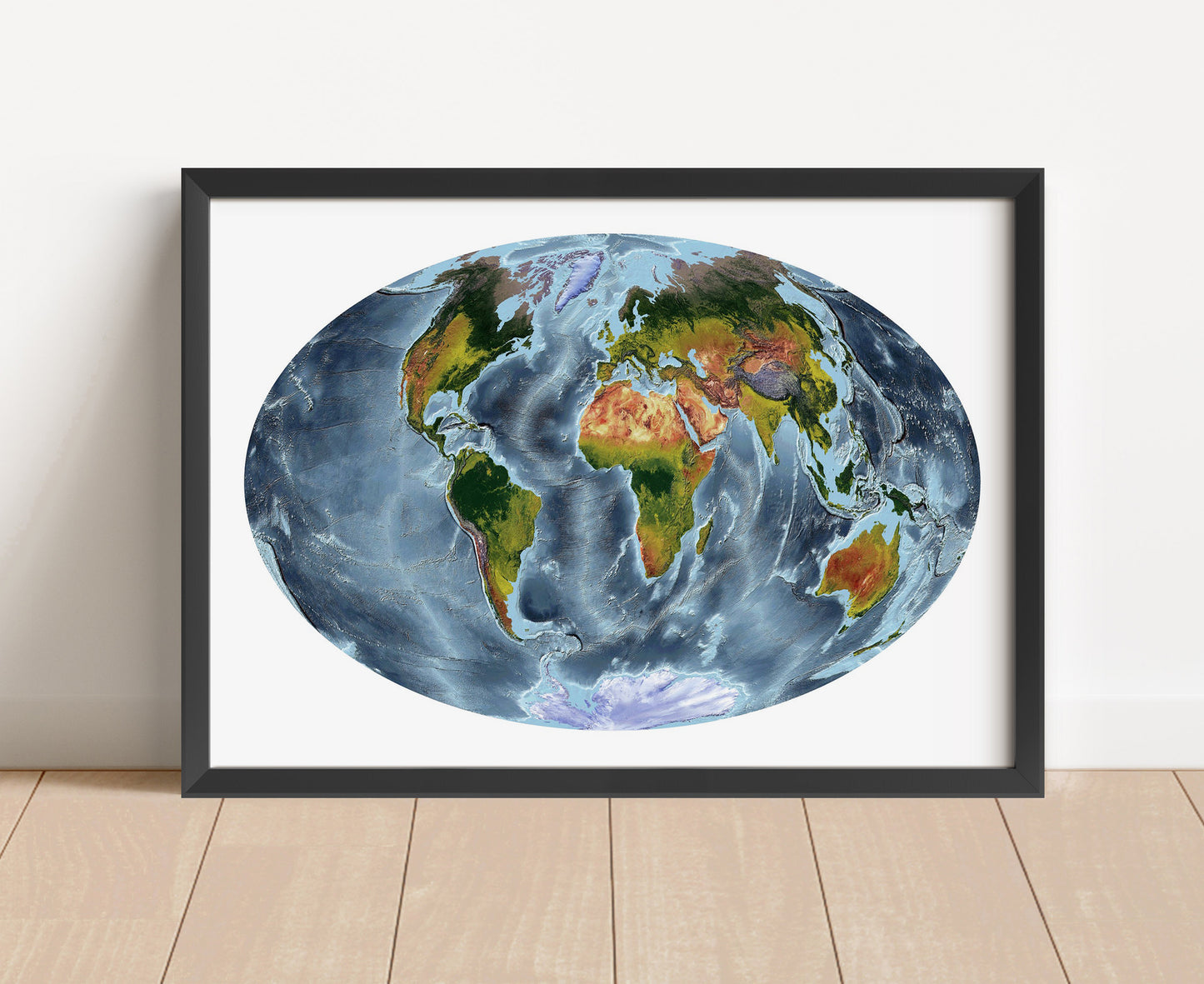 Shaded relief world map in Aitoff projection in black frame. Artistic print with realistic terrain effect for wall decor