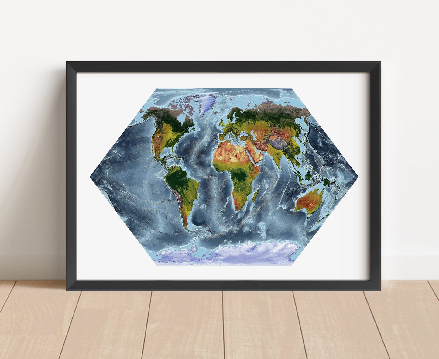 Shaded relief world map in Eckert projection in black frame. Artistic print with realistic terrain effect for wall decor