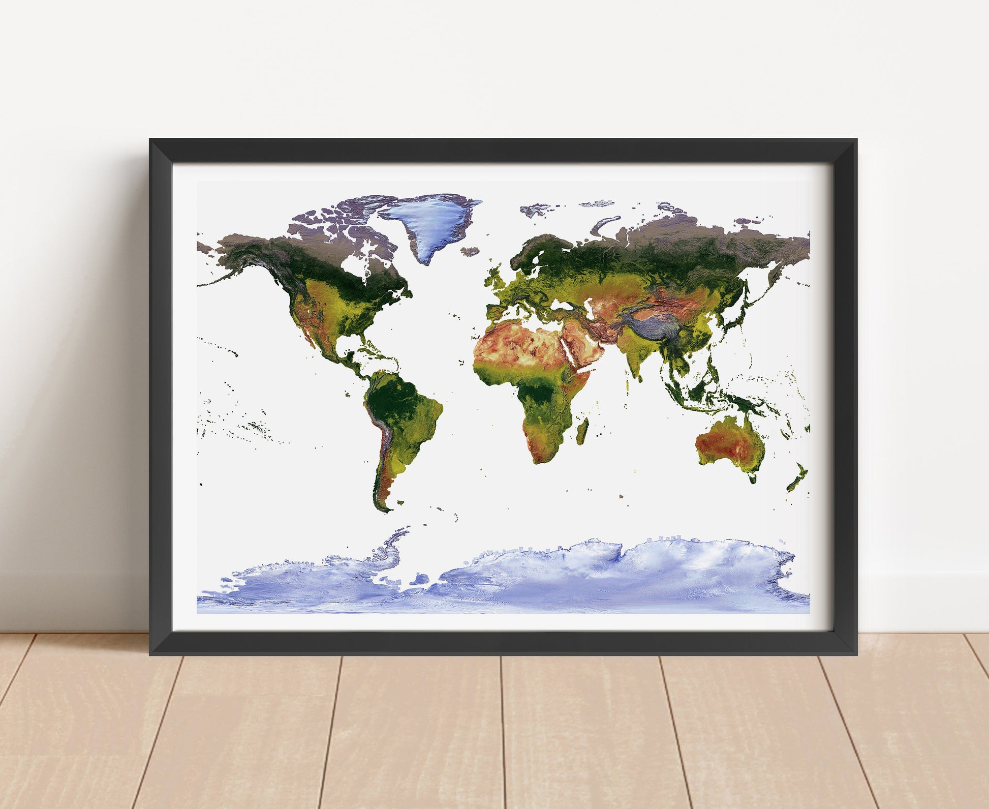 Shaded relief world map in Gall Stereographic projection in black frame. Artistic print with realistic terrain effect for wall decor