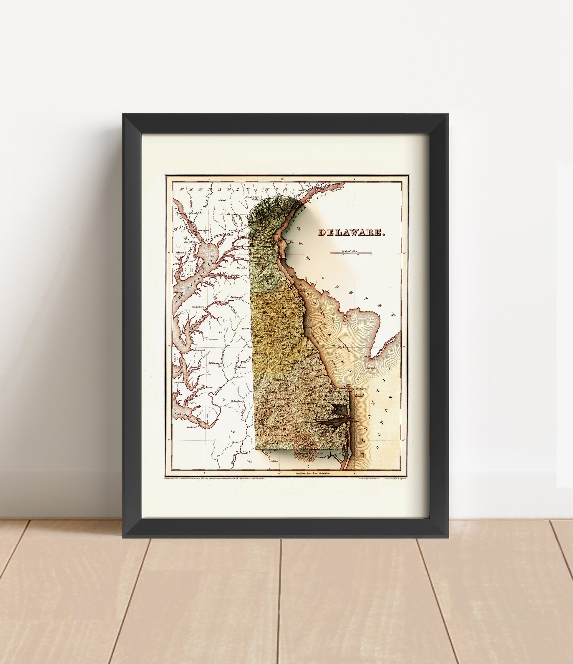 Vintage Delaware shaded relief map in black frame. Artistic print with realistic terrain effect for wall decor
