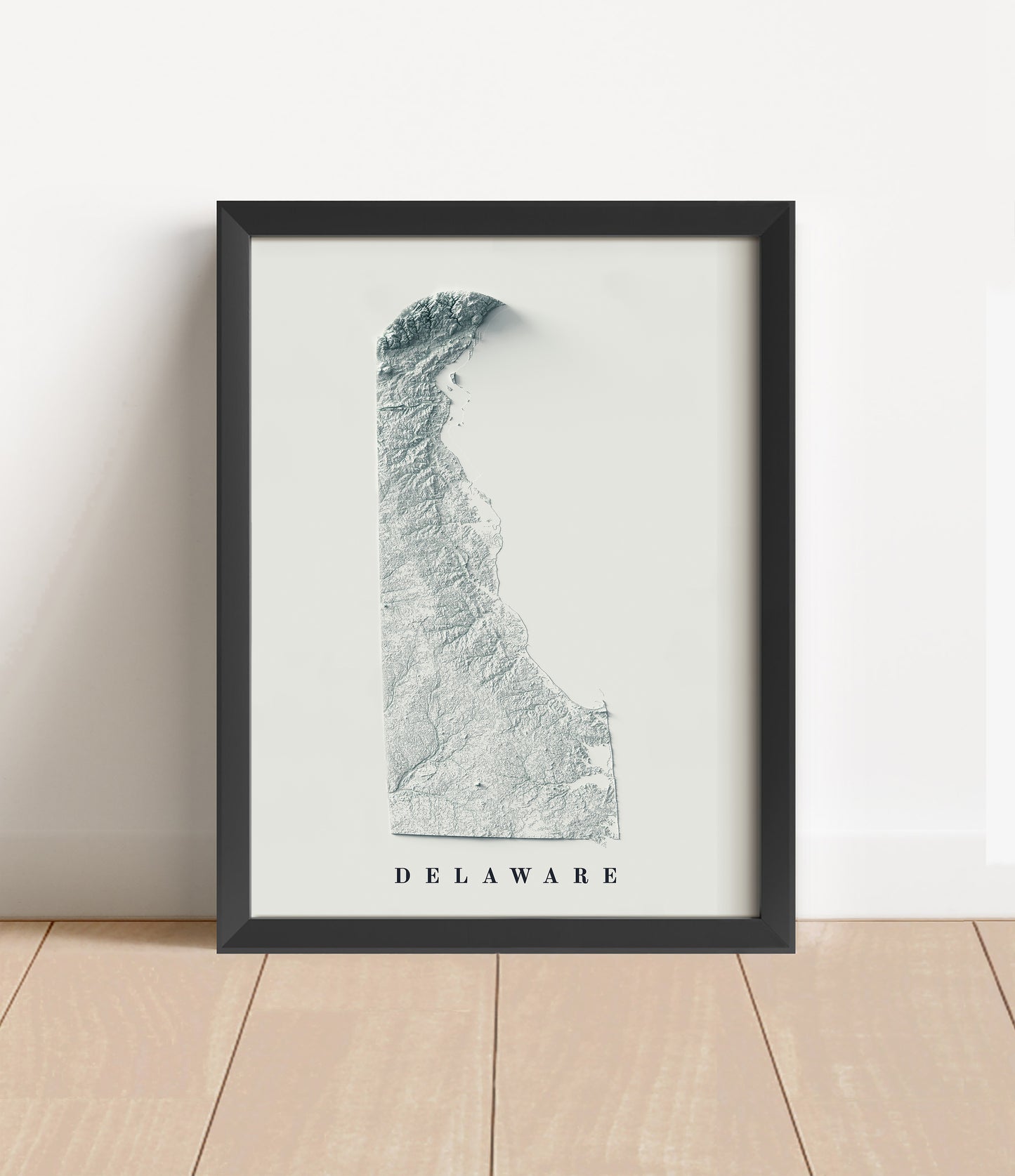 Delaware shaded relief map in black frame. Artistic print with realistic terrain effect for wall decor