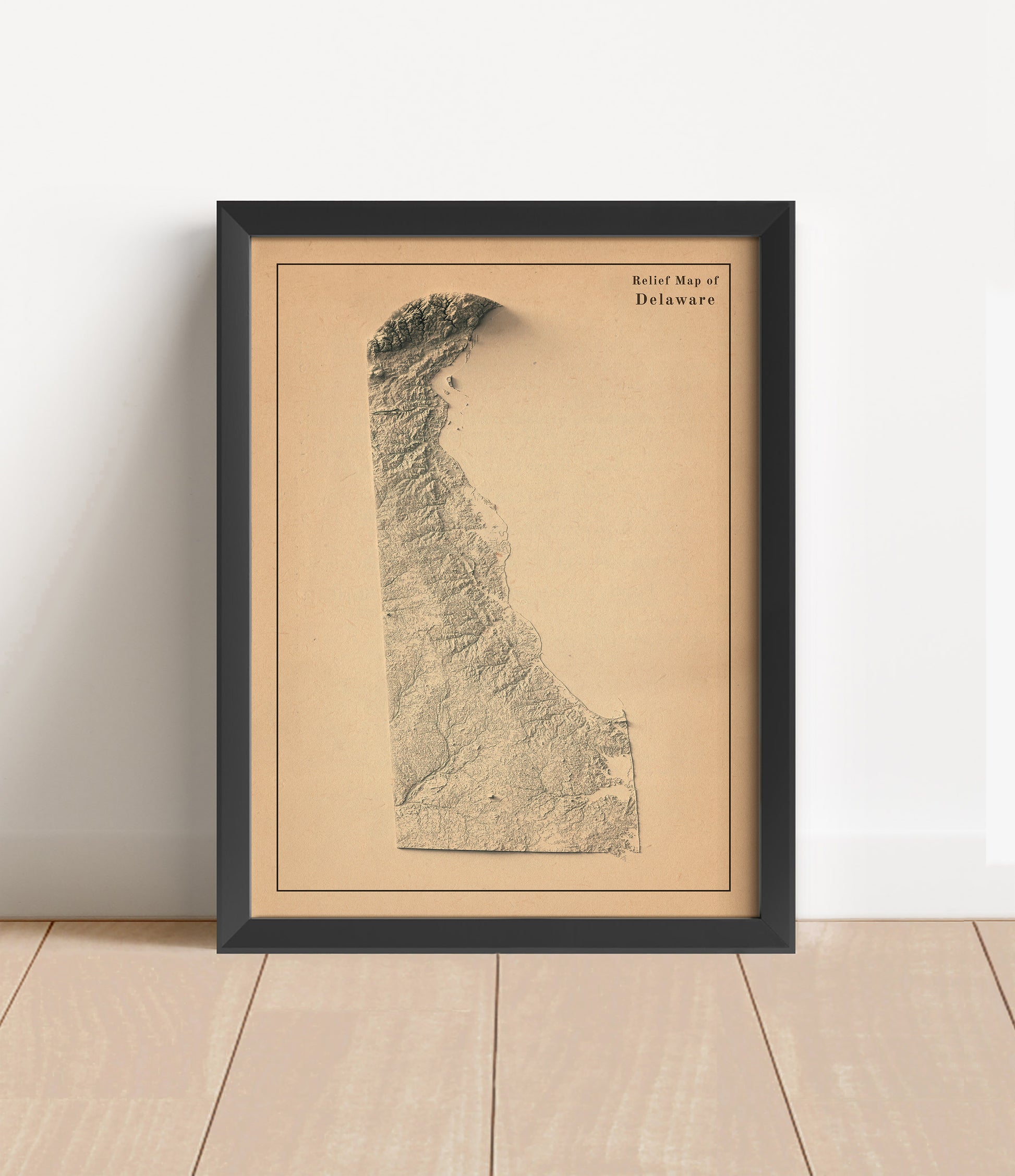 Vintage Delaware shaded relief map in black frame. Artistic print with realistic terrain effect for wall decor