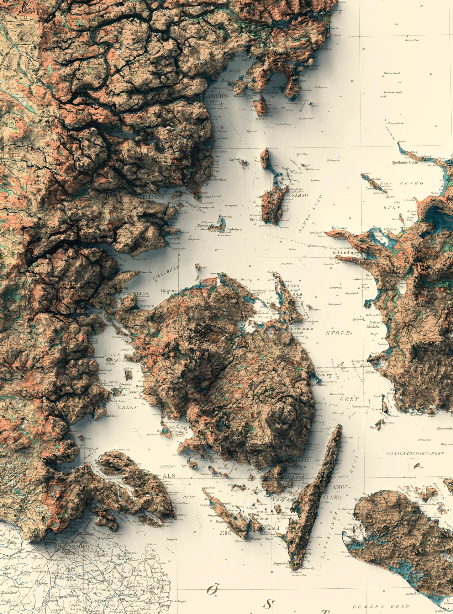 vintage shaded relief map of Denmark