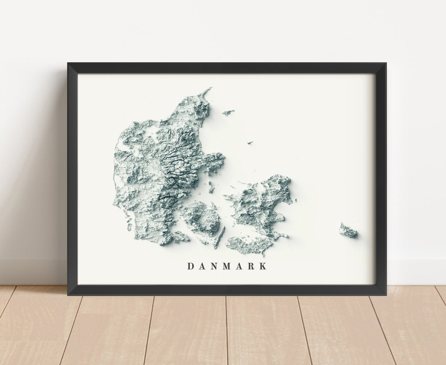 Denmark shaded relief map in black frame. Artistic print with realistic terrain effect for wall decor