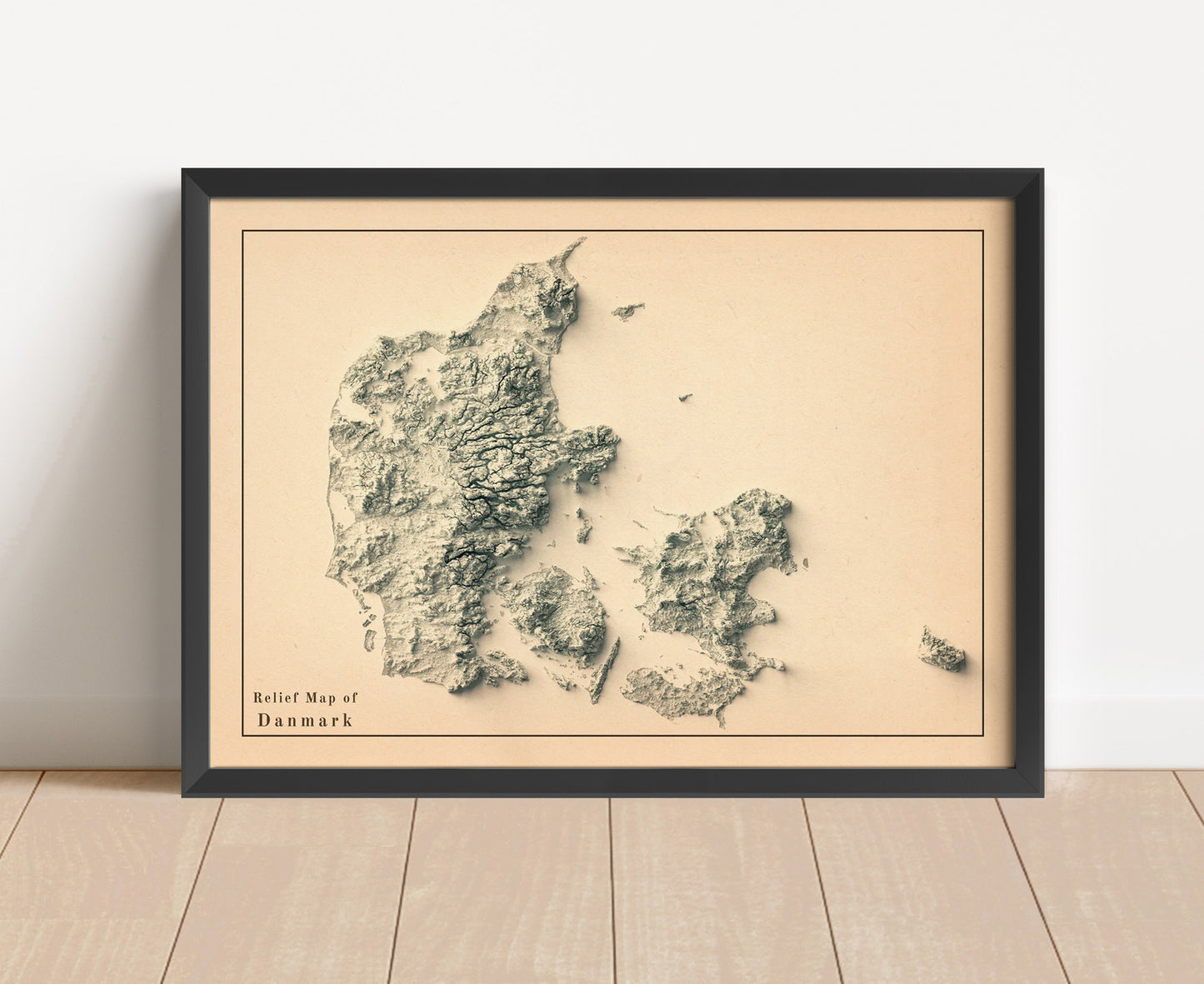 Vintage Denmark shaded relief map in black frame. Artistic print with realistic terrain effect for wall decor