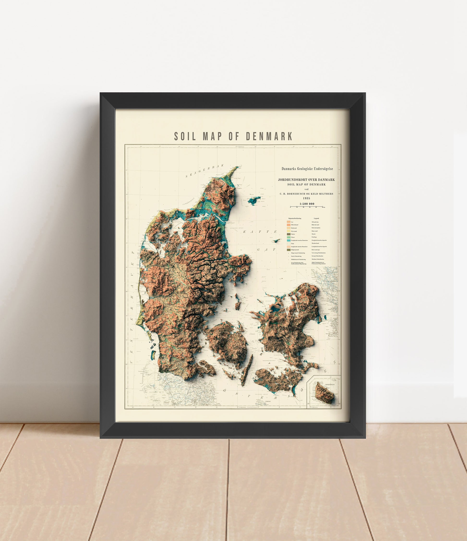 Vintage Denmark shaded relief map in black frame. Artistic print with realistic terrain effect for wall decor
