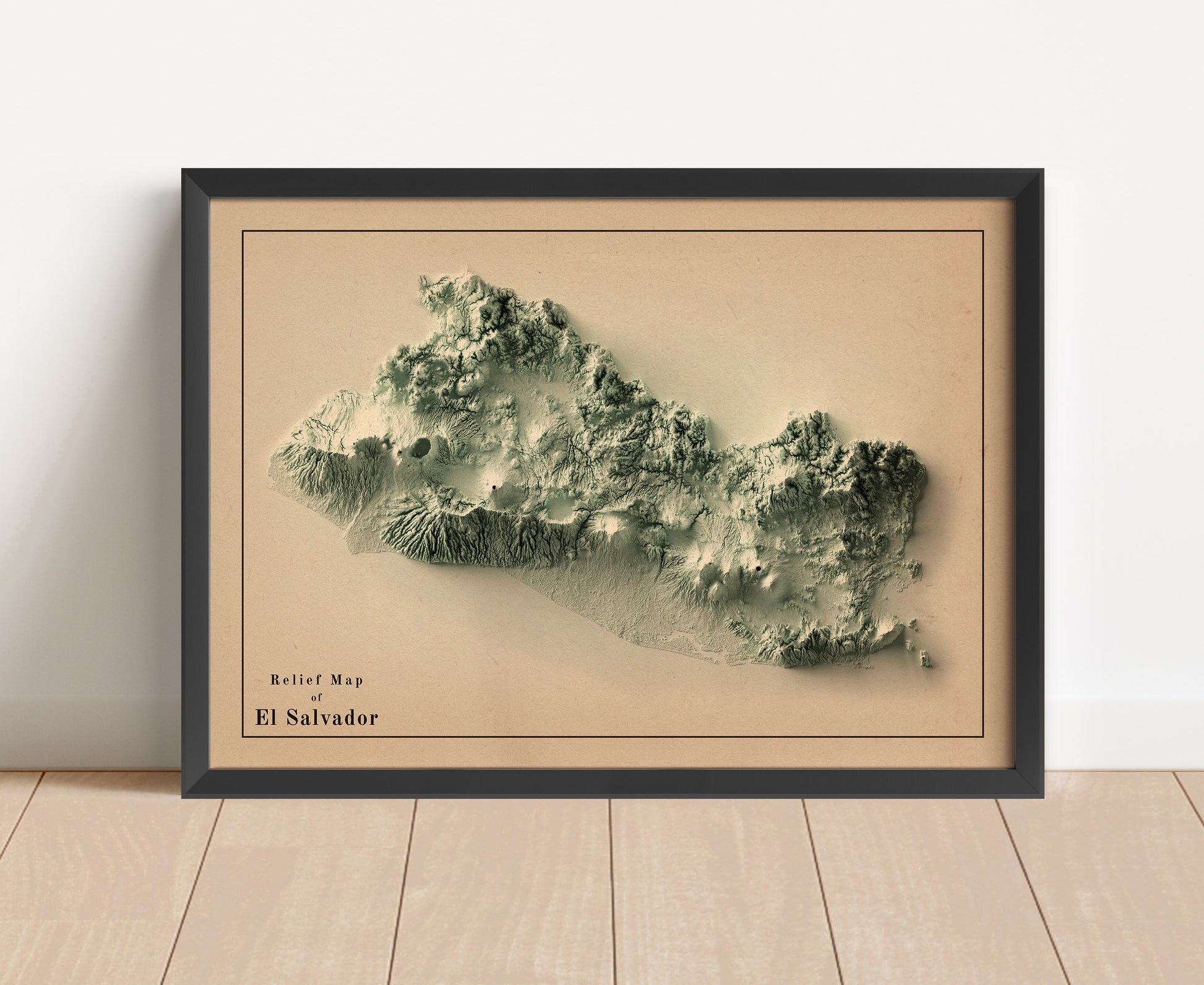 Vintage El Salvador shaded relief map in black frame. Artistic print with realistic terrain effect for wall decor