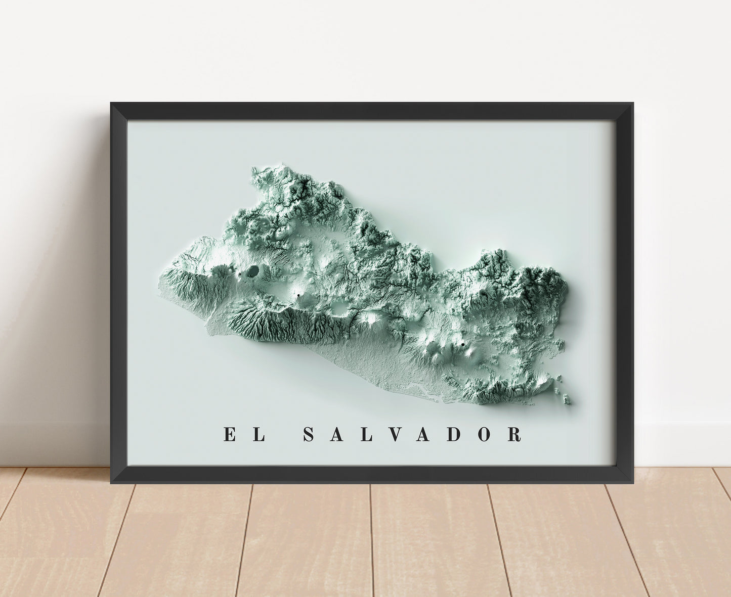 El Salvador shaded relief map in black frame. Artistic print with realistic terrain effect for wall decor