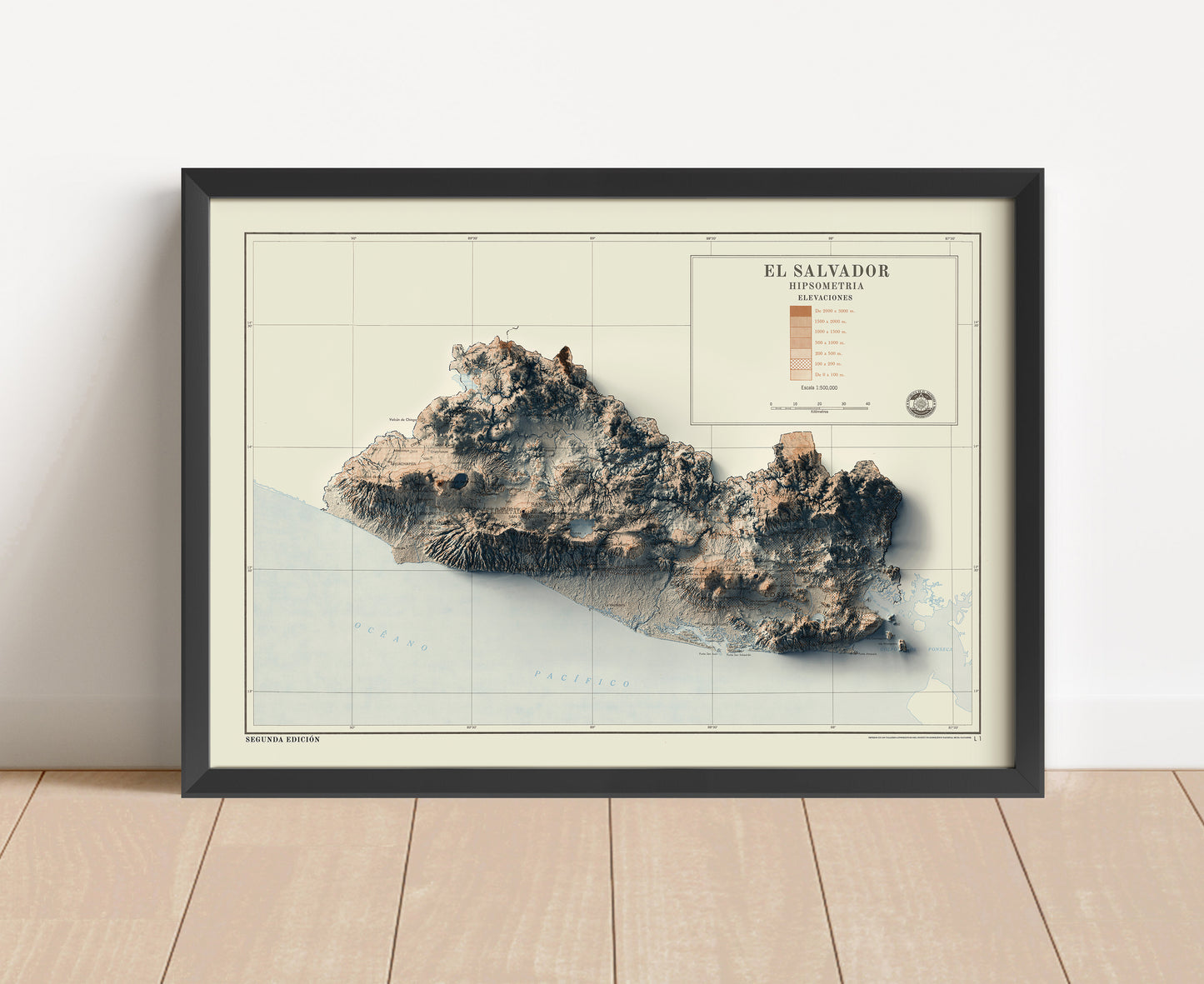 Vintage El Salvador shaded relief map in black frame. Artistic print with realistic terrain effect for wall decor