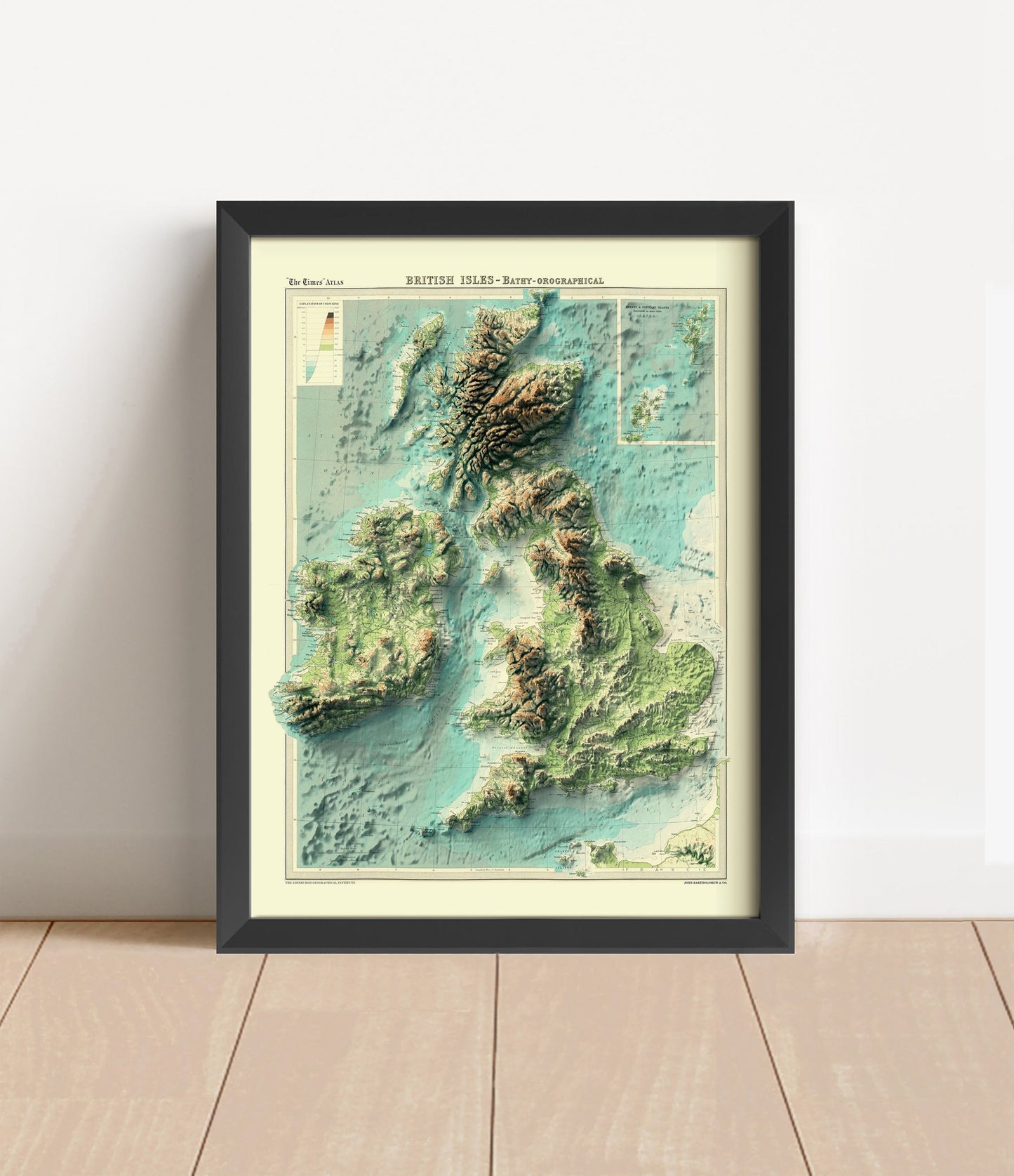 Vintage England Wales Scotland Ireland shaded relief map in black frame. Artistic print with realistic terrain effect for wall decor