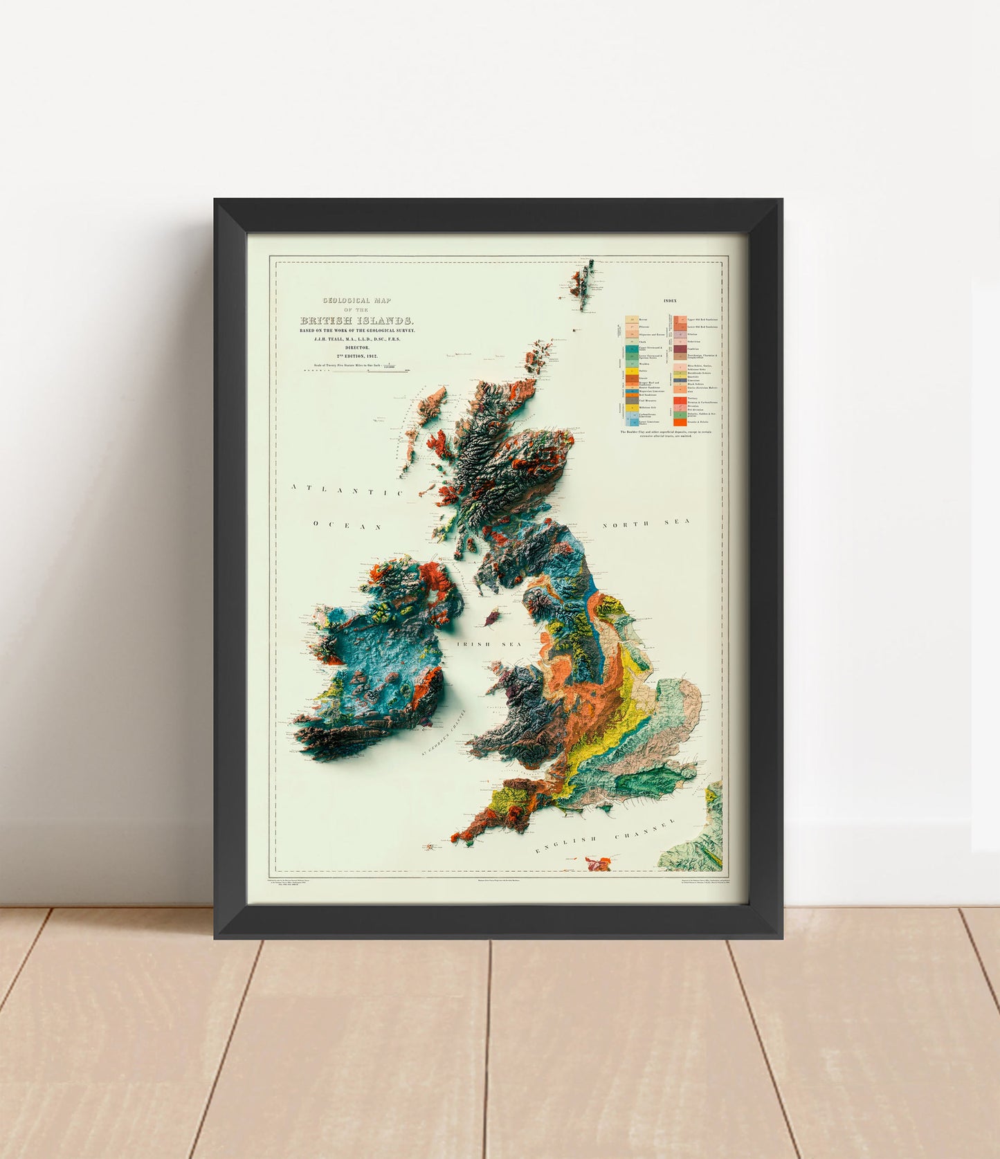 Vintage England Scotland Ireland Wales shaded relief map in black frame. Artistic print with realistic terrain effect for wall decor