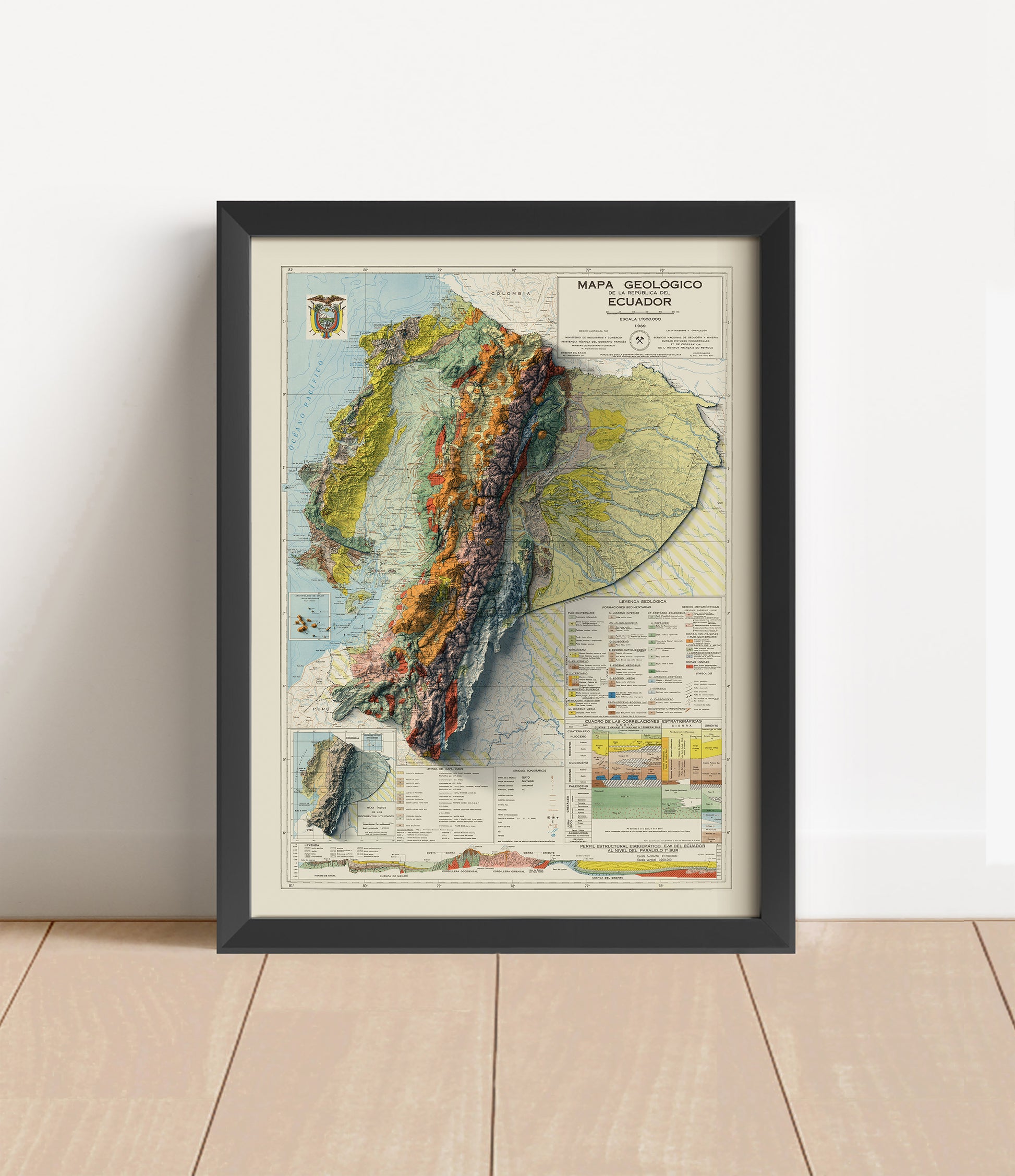 Vintage Ecuador shaded relief map in black frame. Artistic print with realistic terrain effect for wall decor