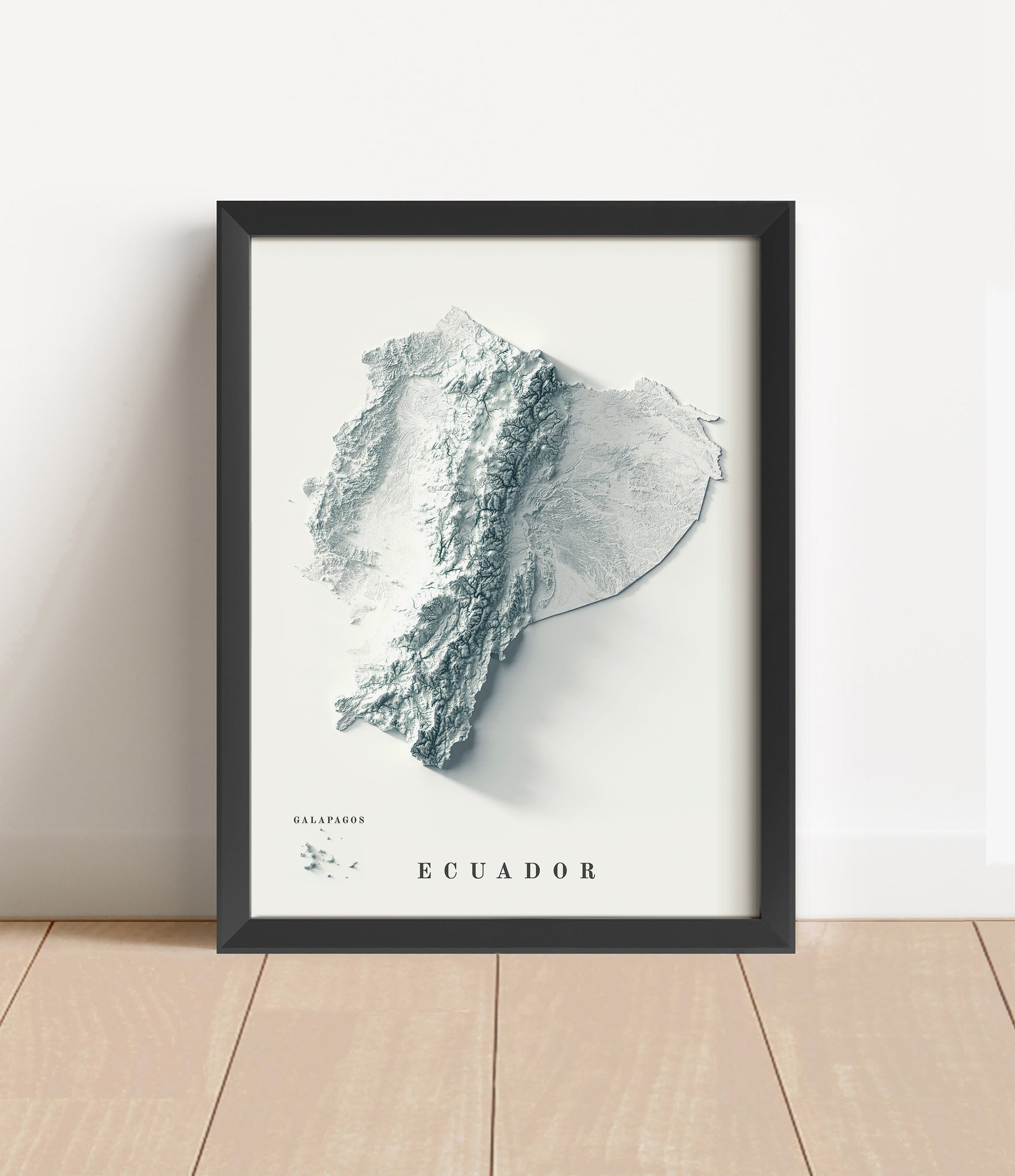 Ecuador shaded relief map in black frame. Artistic print with realistic terrain effect for wall decor