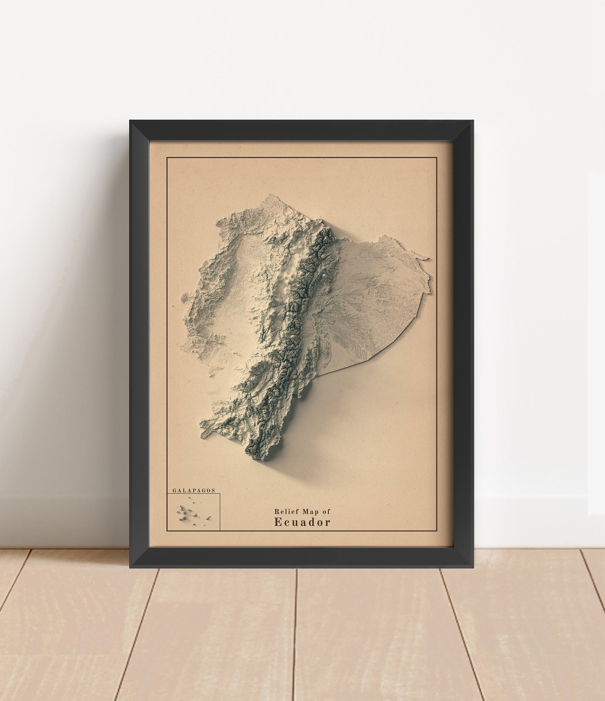 Vintage Ecuador shaded relief map in black frame. Artistic print with realistic terrain effect for wall decor
