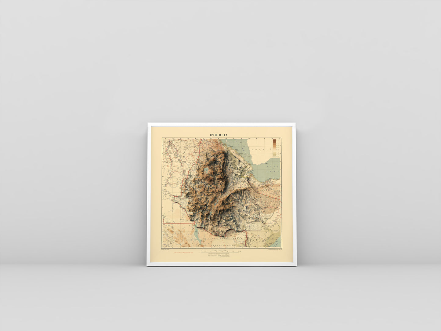 Ethiopia vintage framed shaded relief map in white frame. Artistic print highlighting mountains with a realistic 3d effect