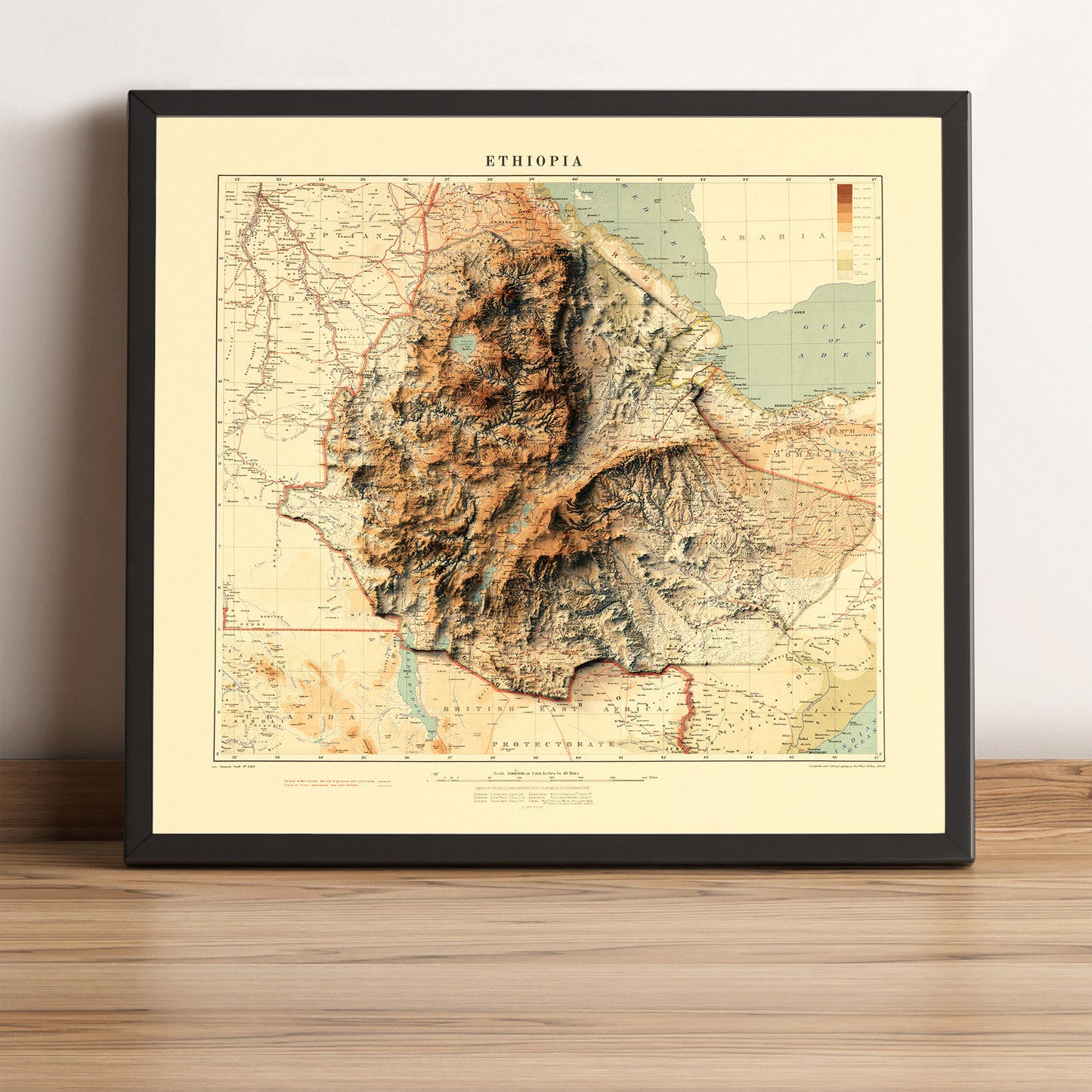 Ethiopia vintage framed shaded relief map in black frame. Artistic print highlighting mountains with a realistic terrain effect