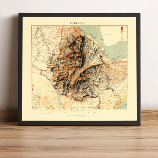 Ethiopia vintage framed shaded relief map in black frame. Artistic print highlighting mountains with a realistic terrain effect